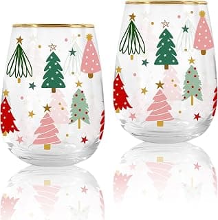 Whaline 2Pcs Christmas Stemless Wine Glasses with Gold Rim 17oz Boho Christmas Tree Drinking Glasses Pink Green Tree Tumbler Cups for Xmas Winter Party Supplies - image 1 of 1