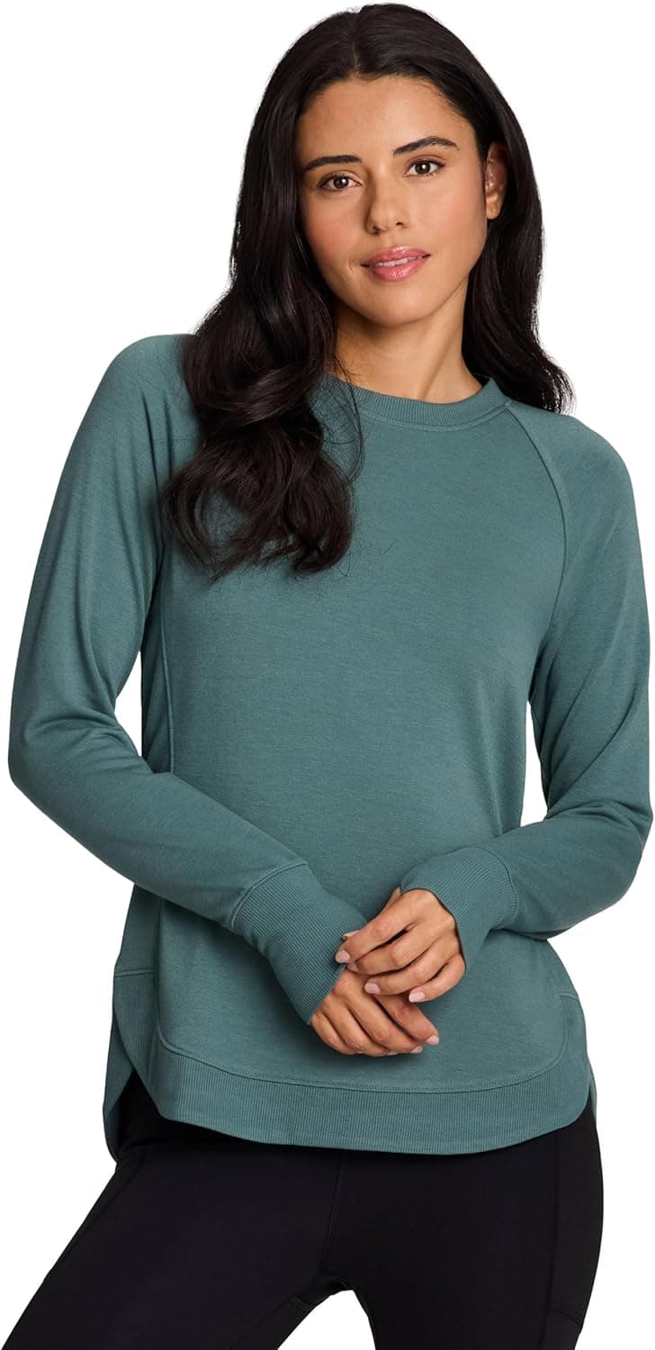 RBX Women's Workout Top, Active Fashion Long Sleeve Yoga Tunic Lightweight French Terry Sweatshirt Pullover with Thumbholes