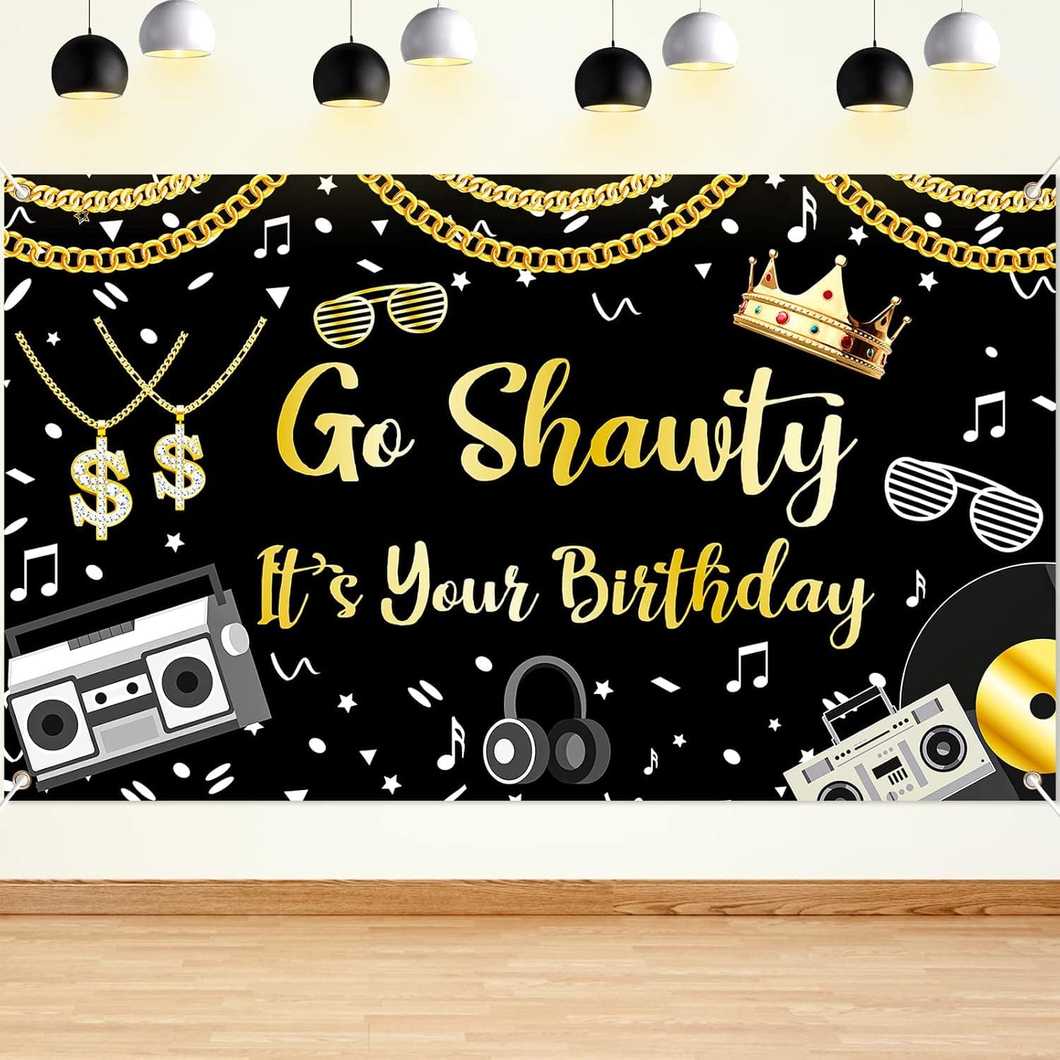 80s 90s Hip Hop Birthday Party Decorations - Glitter Rap Theme Banner & Backdrop - Funny Gold Chain Photo Booth Props - image 1 of 1