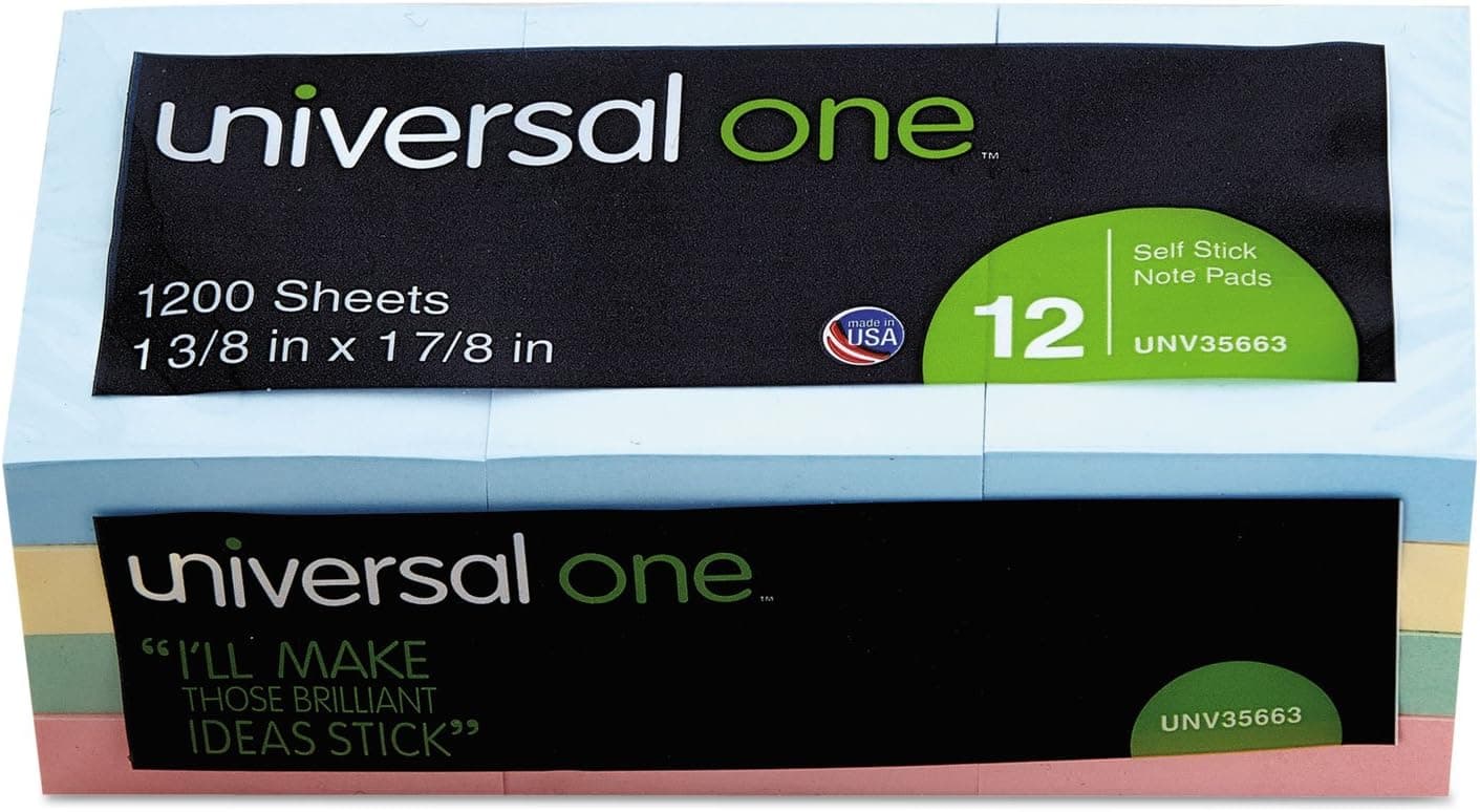 Universal Self-Stick Note Pads, 1.5" x 2", Assorted Pastel Colors, 100 Sheets/Pad, 12 Pads/Pack - image 1 of 1