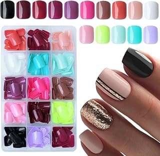 360pc Round Square Press on Nails Short Fake Nails 15 Colors | Short Acrylic Nails Press on Nail Square Glue on Nail Squoval False Artifical Fingernails Stick on Nails for Women Girls