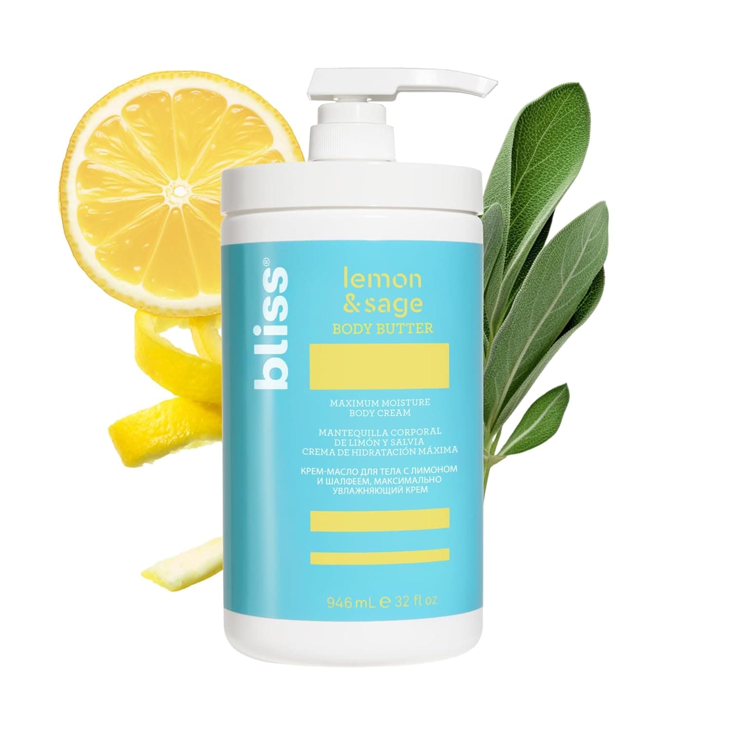 Bliss Body Butter - Lemon and Sage Body Butter - Maximum Moisture Cream - 32 Fl Oz - Body Lotion for Dry Skin - Long-Lasting Moisturizer for Women & Men - Vegan & Cruelty-Free