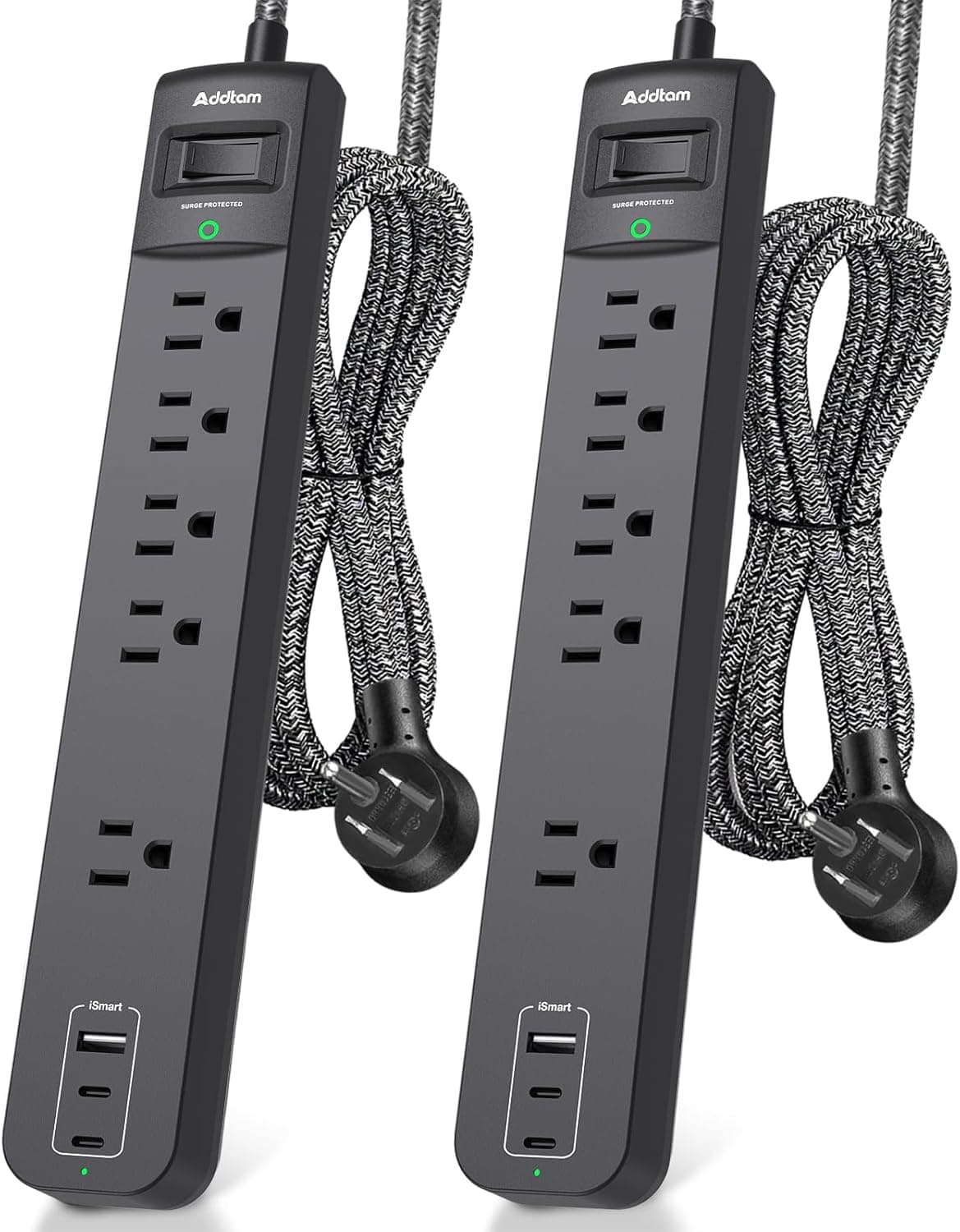 2 Pack Power Strip Surge Protector - 5 Widely Spaced Outlets 3 USB Charging Ports, 1875W/15A 6Ft Braided Extension Cord, Flat Plug Overload Protection, Wall Mount for Home Office Dorm Room Essentials - image 1 of 1