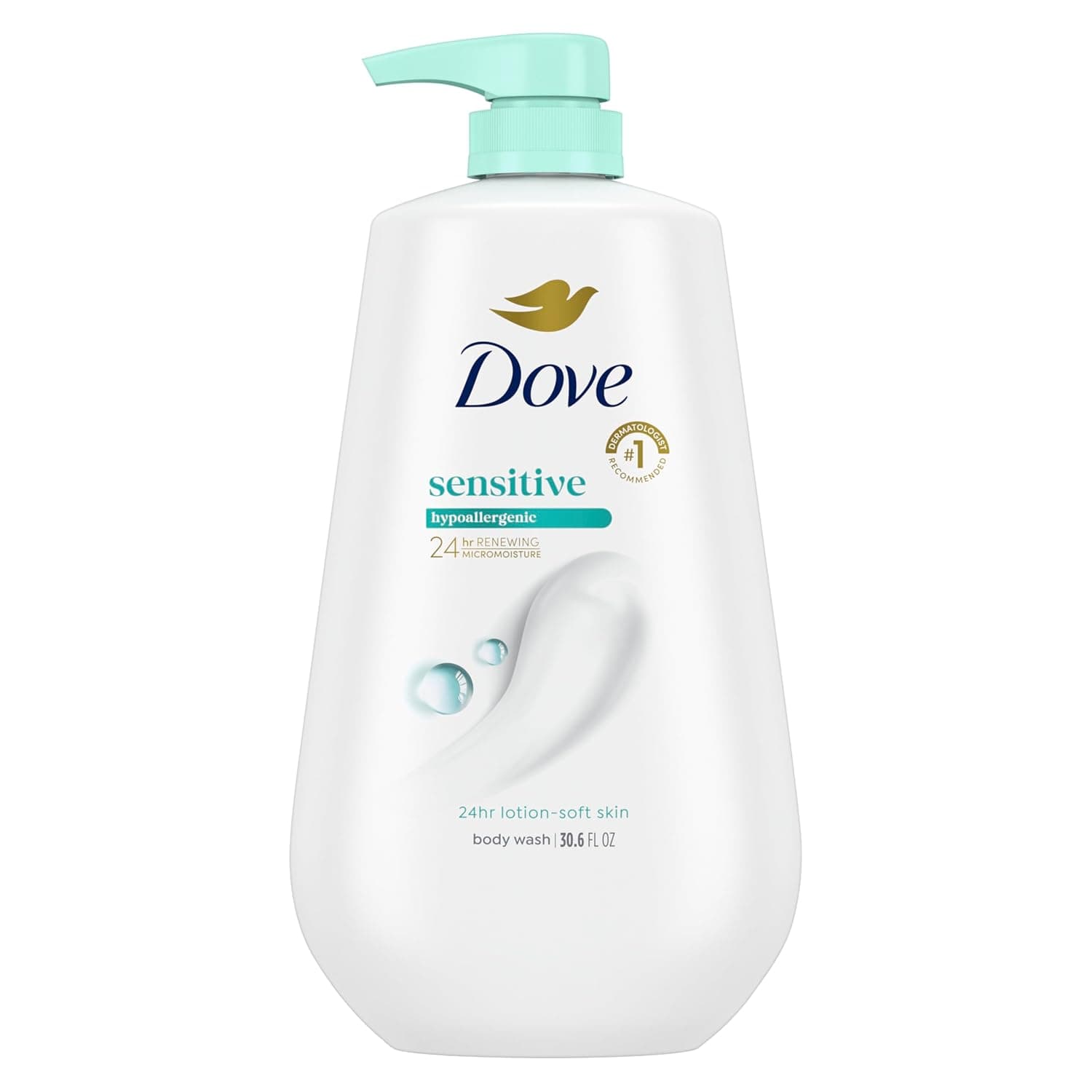 Dove Body Wash with Pump Sensitive Skin For 24hr Lotion-Soft Skin Moisturizing Skin Cleanser Gentle Hypoallergenic Formula with No Sulfates No Parabens 30.6 oz - image 1 of 1