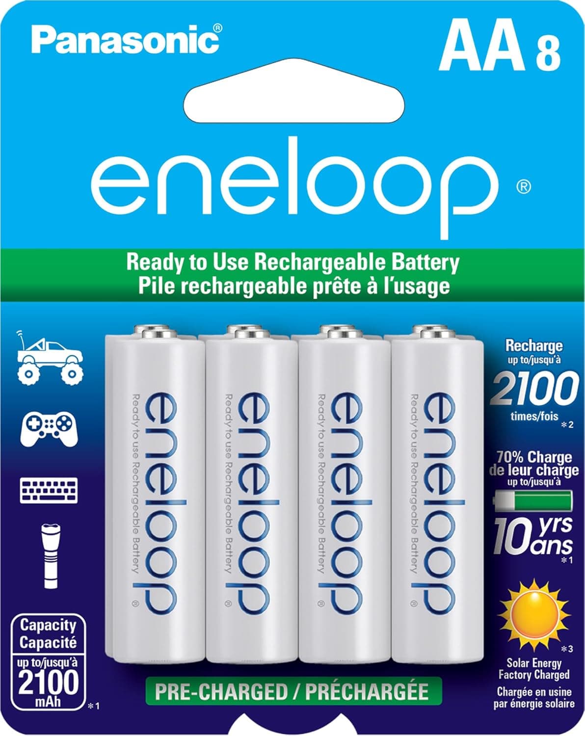 Eneloop Panasonic BK-3MCCA8BA AA 2100 Cycle Ni-MH Pre-Charged Rechargeable Batteries, 8-Battery Pack - image 1 of 1
