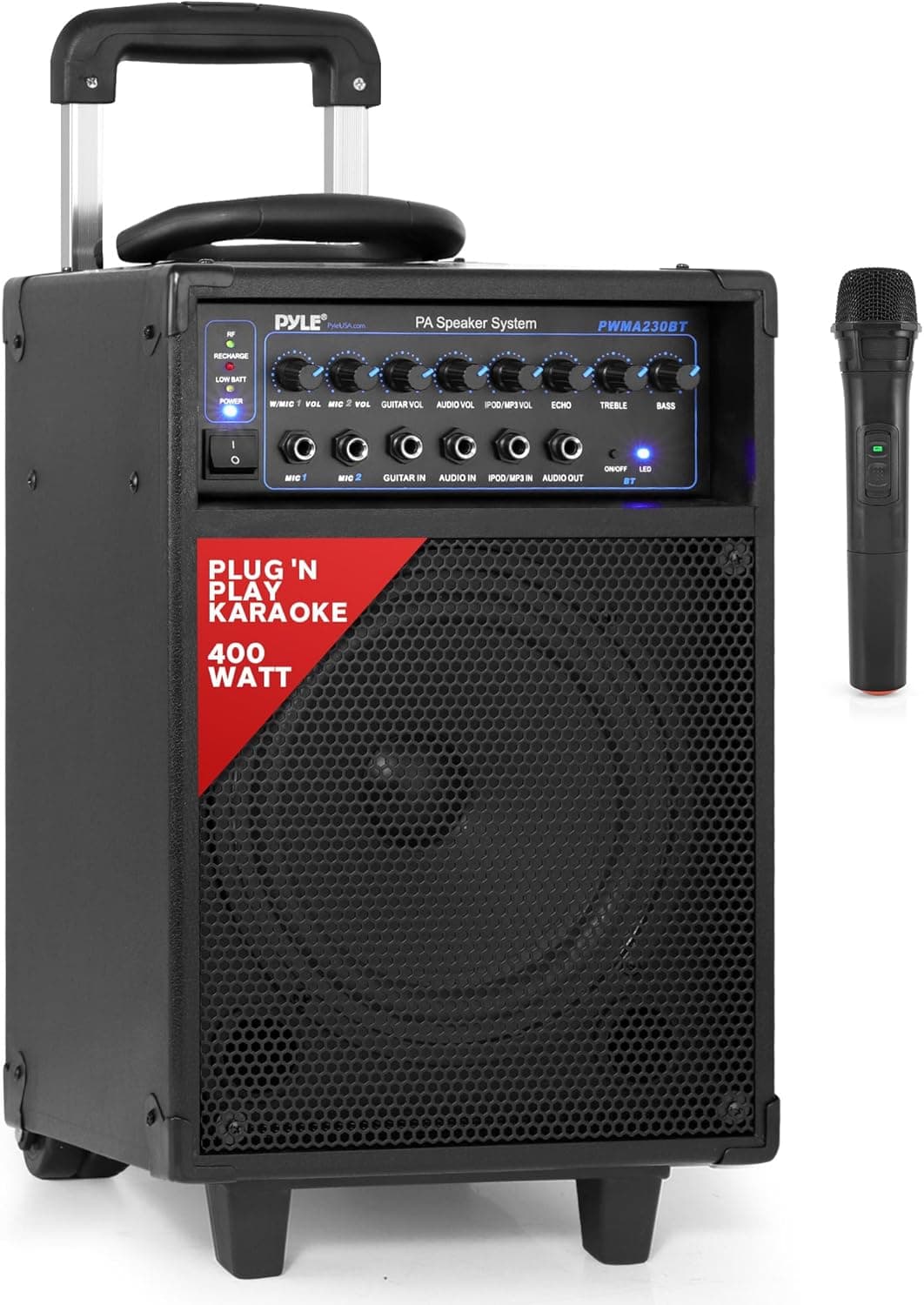Pyle Wireless Portable PA System-400W Bluetooth Compatible Rechargeable Battery Powered Outdoor Sound Stereo Speaker Microphone Set w/Handle, Wheels-1/4 to AUX, RCA Cable (PWMA230BT) - image 1 of 1