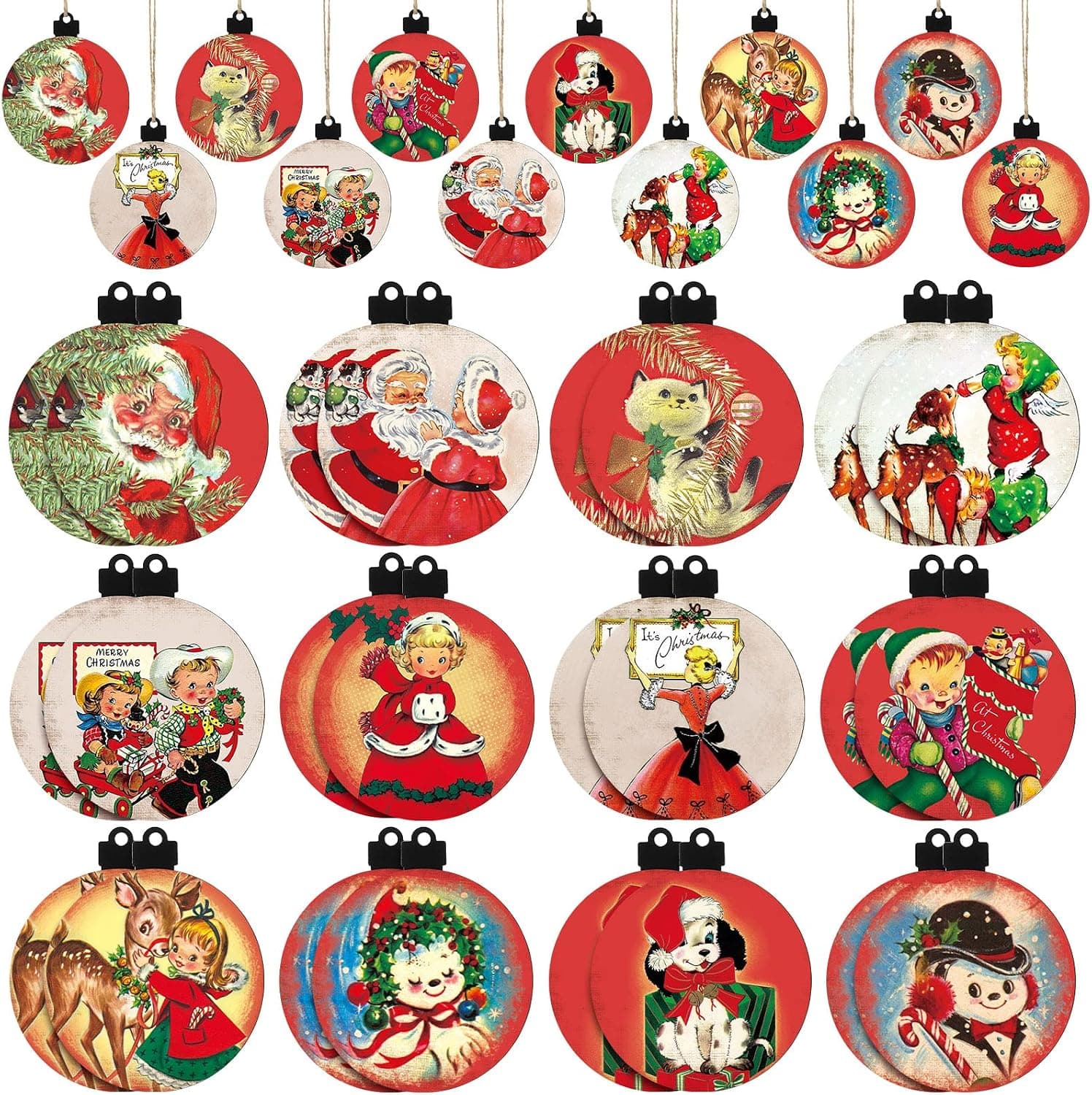 24 Pieces Vintage Christmas Hanging Wooden Ornament Angel Kids Santa Snowman Deer Shaped Embellishments Assorted Christmas Tree Decorations Decorative Hanging Ornaments for Xmas Decor (Bright Style)