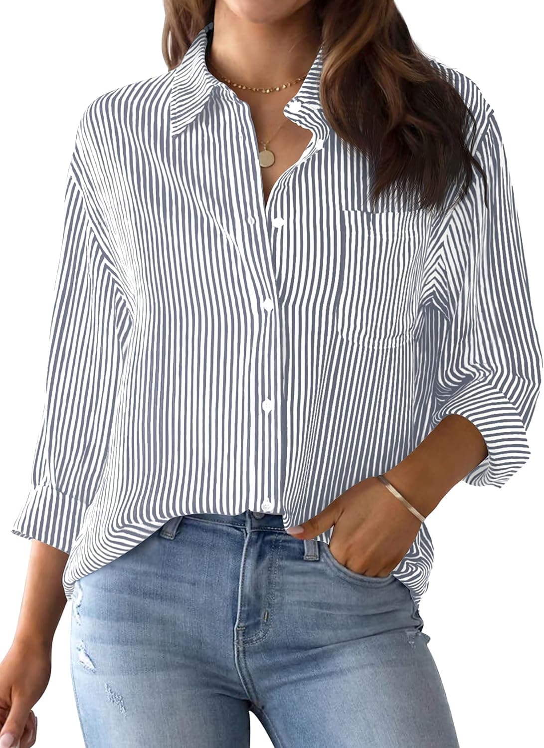 AISEW Womens Button Down Shirts Striped Classic Long Sleeve Collared Office Work Blouses Tops with Pocket - image 1 of 1