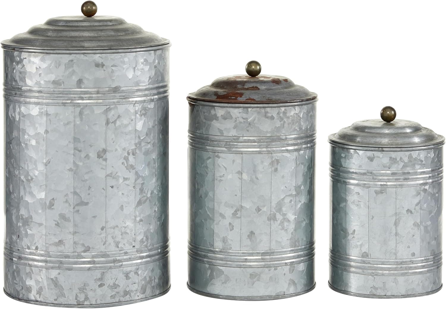 Deco 79 Metal Living Room Decorative Jars Galvanized Ribbed Decorative Container with Gold Ball Knobs, Set of 3 Jar with Lid 12", 9", 8"H, Gray - image 1 of 1