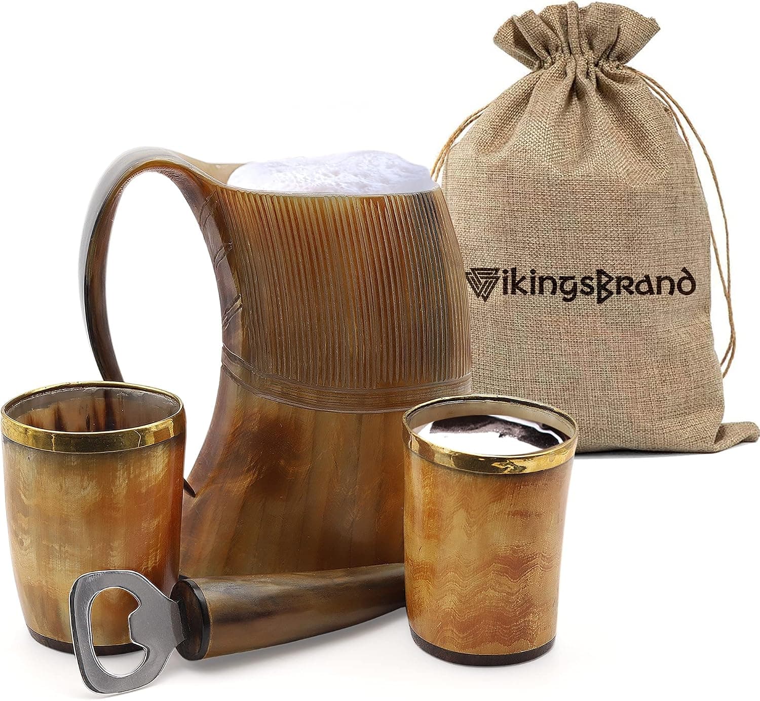 VikingsBrand 16 oz. Ox Horn Beer Mug Set with Bottle Opener and Medieval Shot Glass for Ale, Mead, and Hot or Cold Drinks, Rustic Viking Tankard, Vintage Birthday or Groom Gift Bundle (Set 04) - image 1 of 1