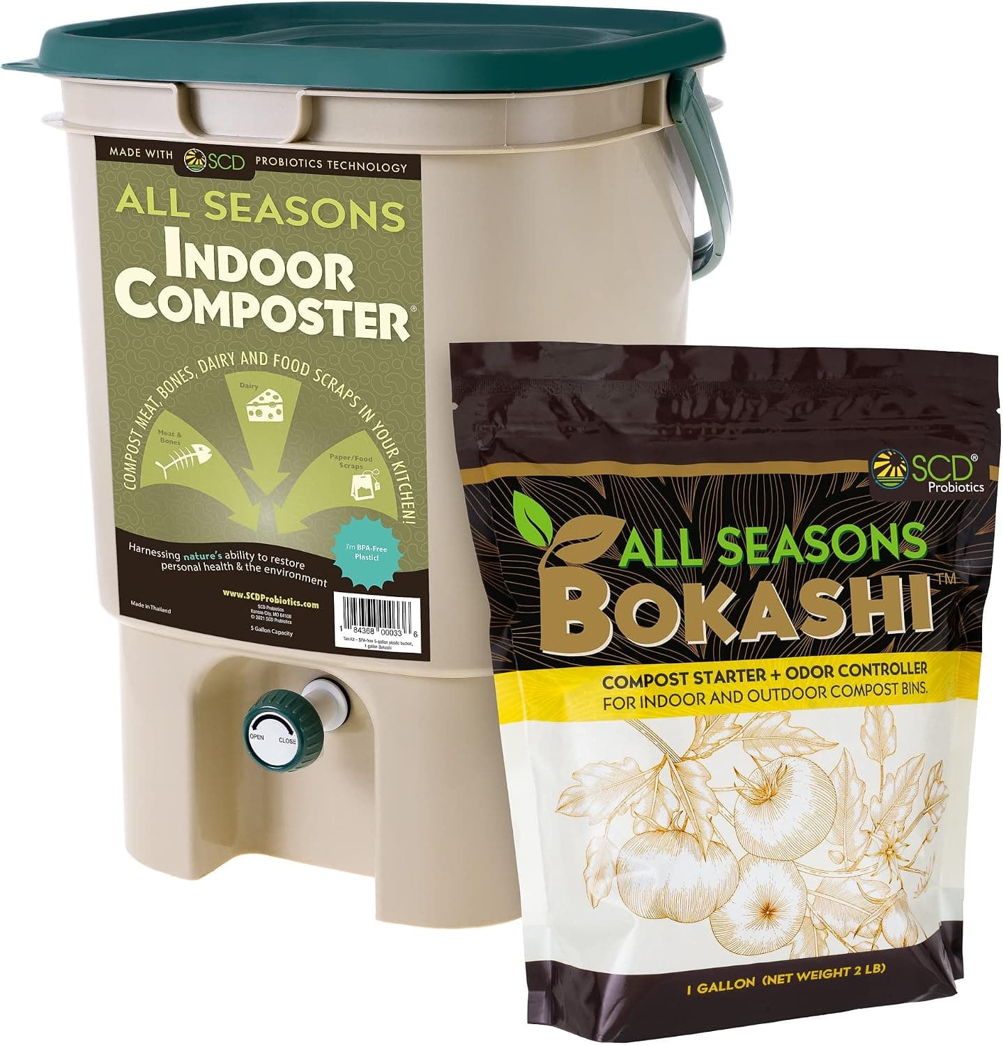 All Seasons Indoor Composter Starter Kit – 5 Gallon Tan Compost Bin For Kitchen Countertop With Lid, Spigot & 1 Gallon (2 lbs.) Bag Of Dry Bokashi Bran – by SCD Probiotics - image 1 of 1