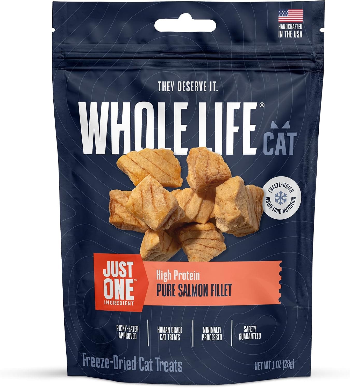 Whole Life Cat Just One Salmon Freeze Dried Cat Treats - Human Grade High Protein Food, Healthy Training Snacks, Freeze Dried Salmon Food Toppers, USA Made Natural Treats - 1 oz (Pack of 1) - image 1 of 1