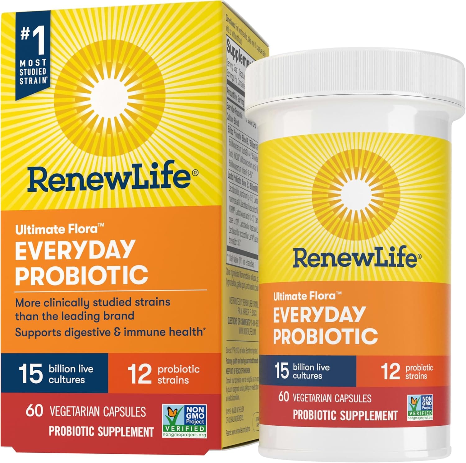 Renew Life Everyday Probiotic Capsules, Daily Supplement Supports Urinary, Digestive and Immune Health, L. Rhamnosus GG, Dairy, Soy and gluten-free, 15 Billion CFU, 60 Count - image 1 of 1