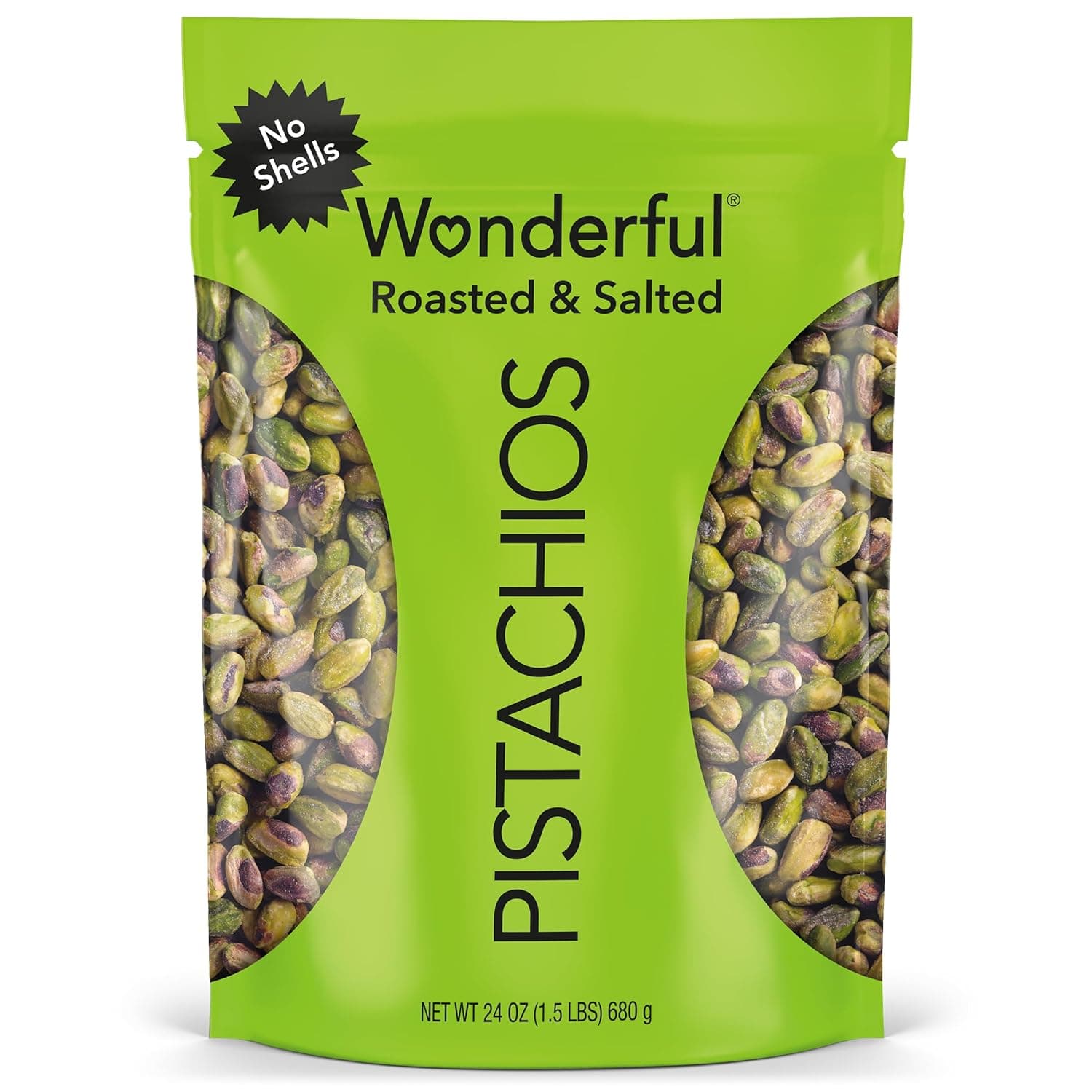Wonderful Pistachios No Shells, Roasted & Salted Nuts, 24 Ounce Resealable Bag, Protein Snacks, Gluten Free, Healthy Snack - image 1 of 1