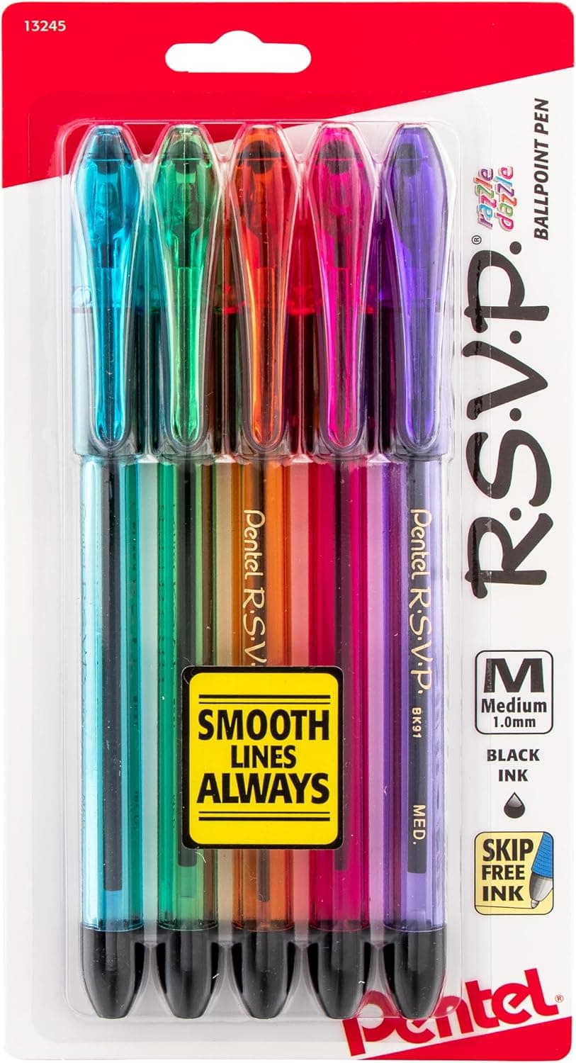 Pentel RSVP Razzle-Dazzle Ballpoint Pen, (1.0mm) Medium Line, Black Ink, Pack of 5 (BK91RDBP5M) - image 1 of 1