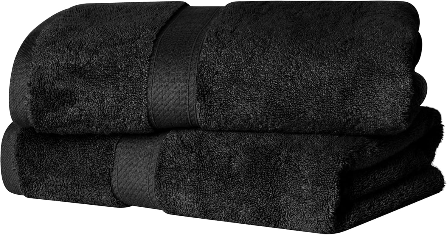 Superior Egyptian Cotton Pile Bath Towel Set of 2, Ultra Soft Luxury Towels, Thick Plush Essentials, Absorbent Heavyweight, Guest Bath, Hotel, Spa, Home Bathroom, Shower Basics, Black - image 1 of 1