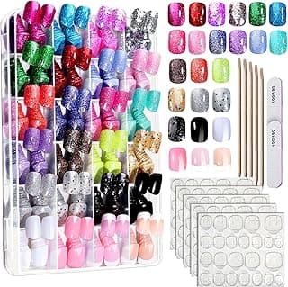 FANDAMEI Press on Nails, 24 Colors 576PCS Short Press on Nails Kit. Glossy Glitter Glue on Nails with Tabs. Fake Nails for Women, Girls, Kids, Teens. Natural Fit Lightweight for Christmas