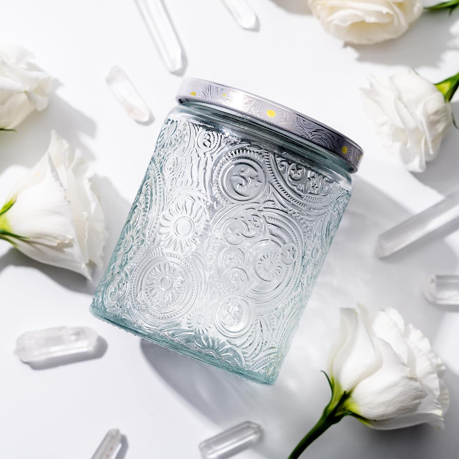 Art Secret 9-Pack 8oz Embossed Glass Candle Jars with Lids and Labels - Sun Moon Stars Design (Clear) - image 1 of 1