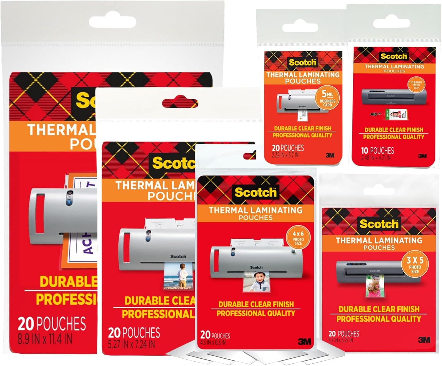 3M Thermal Laminating Pouch Variety Pack, 110 Assorted Clear Pouches (6 Sizes, from Small ID 2.52" x 4.25" to Letter 9" x 11.4"), 3 mil & 5 mil for Documents, Photos, Cards, Badges - image 1 of 1
