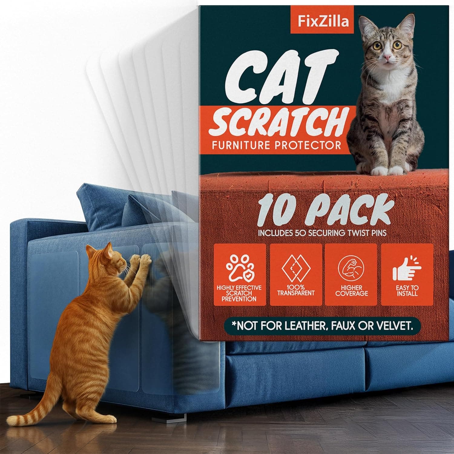 Anti Cat Scratch Furniture Protector, 10-Pack Couch Protector from Cat Claws - Heavy-Duty, Easy-to-Apply Scratching Deterrent and Shield for Sofa Corners, Walls, Doors- with 50 Twist Pins - image 1 of 1