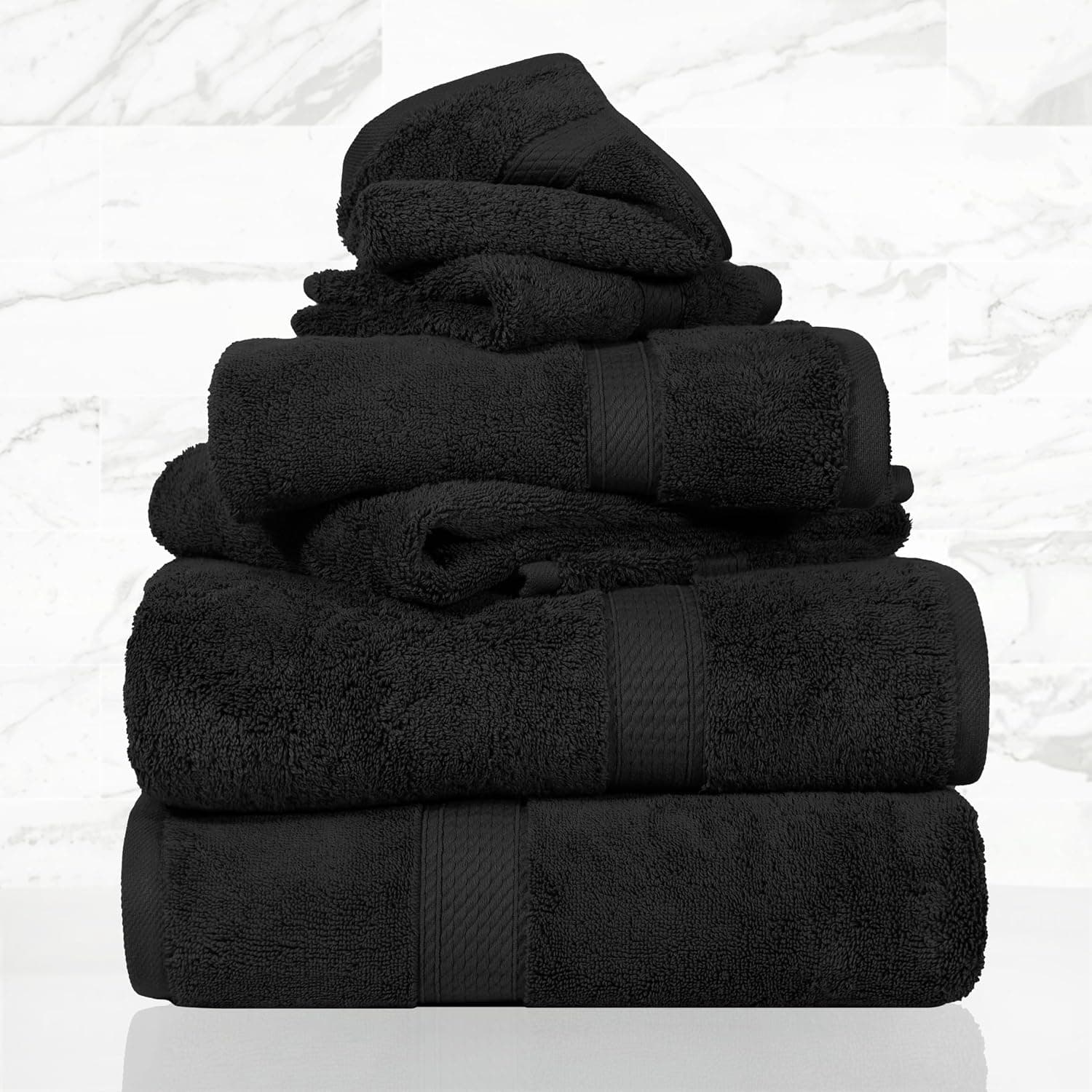 Superior Egyptian Cotton Pile 6 Piece Towel Set, Includes 2 Bath, 2 Hand, 2 Face Towels/Washcloths, Ultra Soft Luxury Towels, Thick Plush Essentials, Guest Bath, Spa, Hotel Bathroom, Black - image 1 of 1