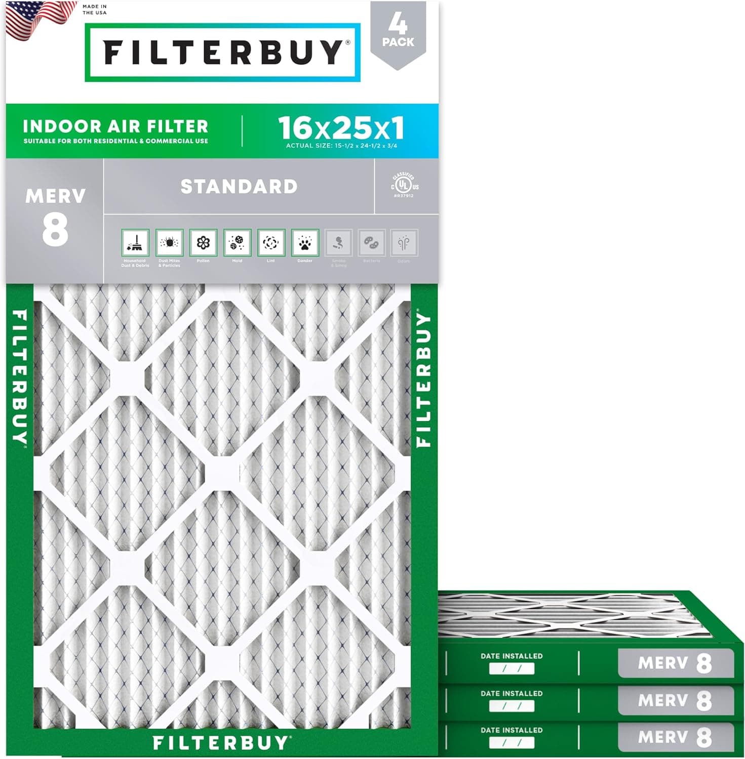 Filterbuy 16x25x1 Air Filter MERV 8 (MPR 700) Dust Defense Replacement (4-Pack), Electrostatic Pleated HVAC AC Furnace Filters, Made in USA (Actual Size: 15.50 x 24.50 x 0.75) - image 1 of 1