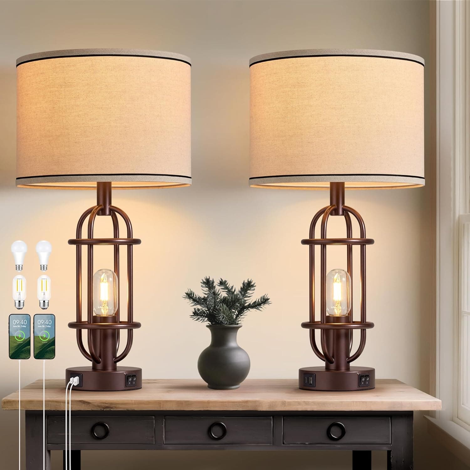 Living Room Lamps Set of 2, 22.3" Farmhouse Table Lamp for Bedroom, Vintage Lamps for Night Stands with USB Ports, Oil Rubbed Bronze