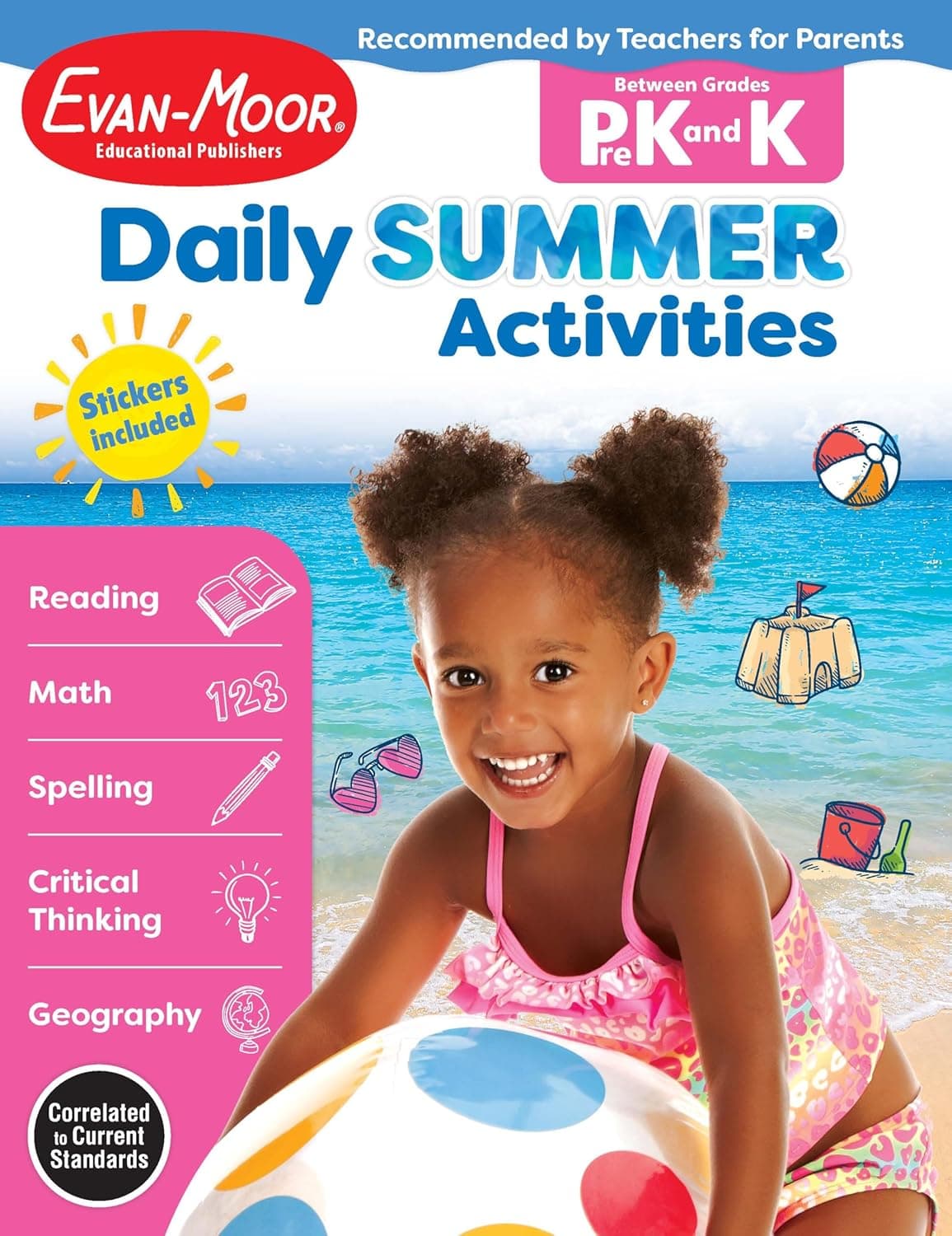 Evan-Moor Daily Summer Activities, Grades PreK-K Workbook, Stickers, Prevent Learning Loss, Reading, Writing, Math, Alphabet, Letter Recognition, Numbers, Counting, Shapes, Colors, Learning Fun - image 1 of 1