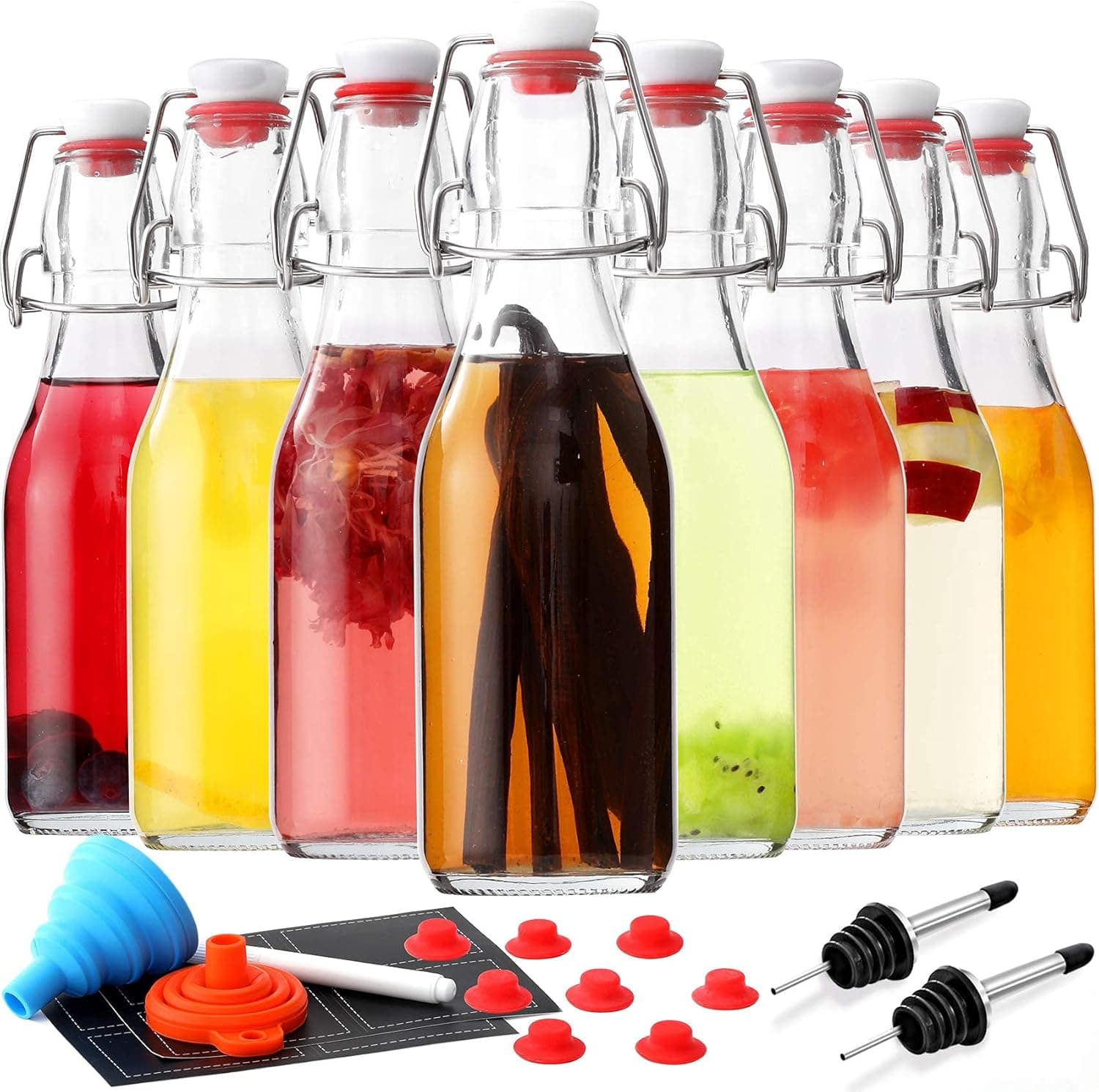 8-Pack 8.5oz Flip Top Glass Bottles, Swing Top Beer Brewing Bottle for Fermentation, Kombucha, Kefir, Vanilla Extract, Coquito, Juice, Soda, Tea - Airtight Stopper Cap Lid, Bonus 2 Bottle Pourers - image 1 of 1