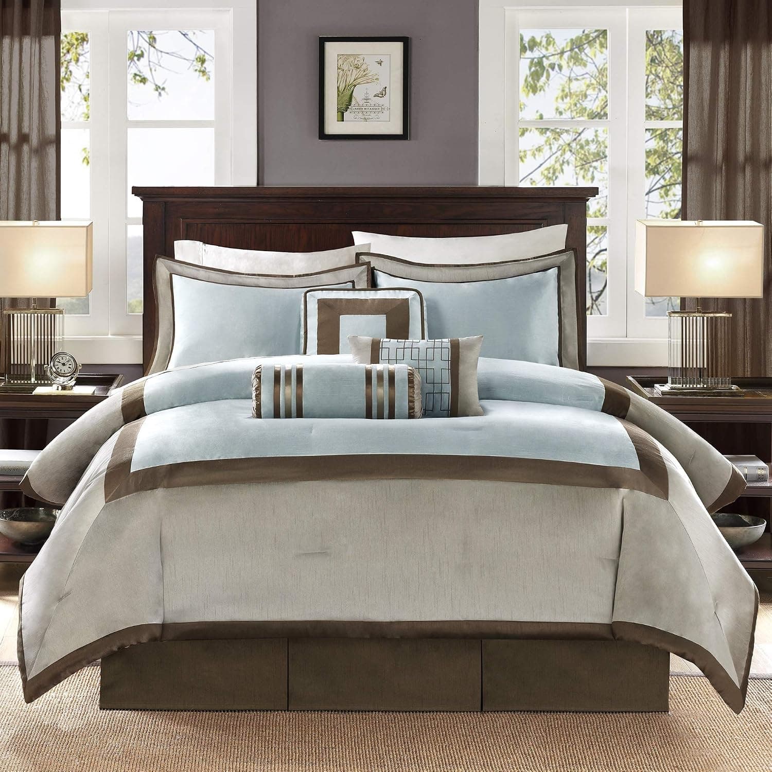Madison Park Cozy Comforter Set-Deluxe Hotel Collection, All Season Down Alternative Luxury Bedding with Matching Shams, Decorative Pillows, California King (104"x92"), Genevieve, Blue 7 Piece - image 1 of 1