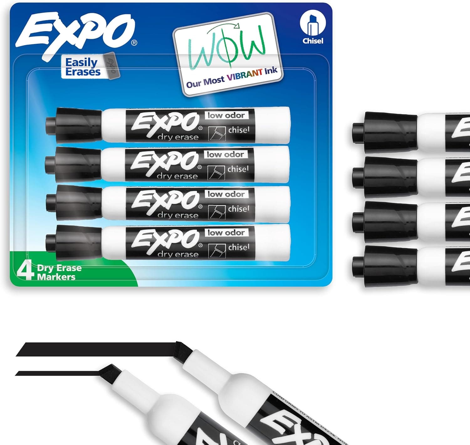 EXPO Dry Erase Markers, Low Odor Ink, Black, Chisel Tip, 4 Count - Easily Erases, Vibrant Ink, Ideal for Classroom, Back to School Supplies, Teachers, Office, Whiteboard & Home - image 1 of 1