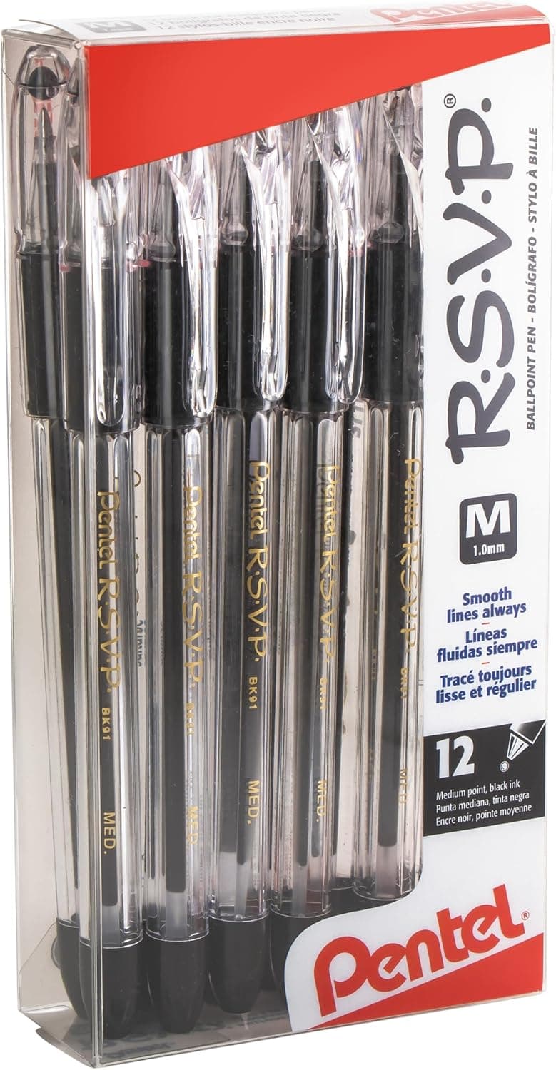 Pentel(R R.S.V.P.(R) Ballpoint Pens, 1.0 mm, Medium Point, Clear Barrel, Black Ink, Pack Of 12, BK91-A - image 1 of 1