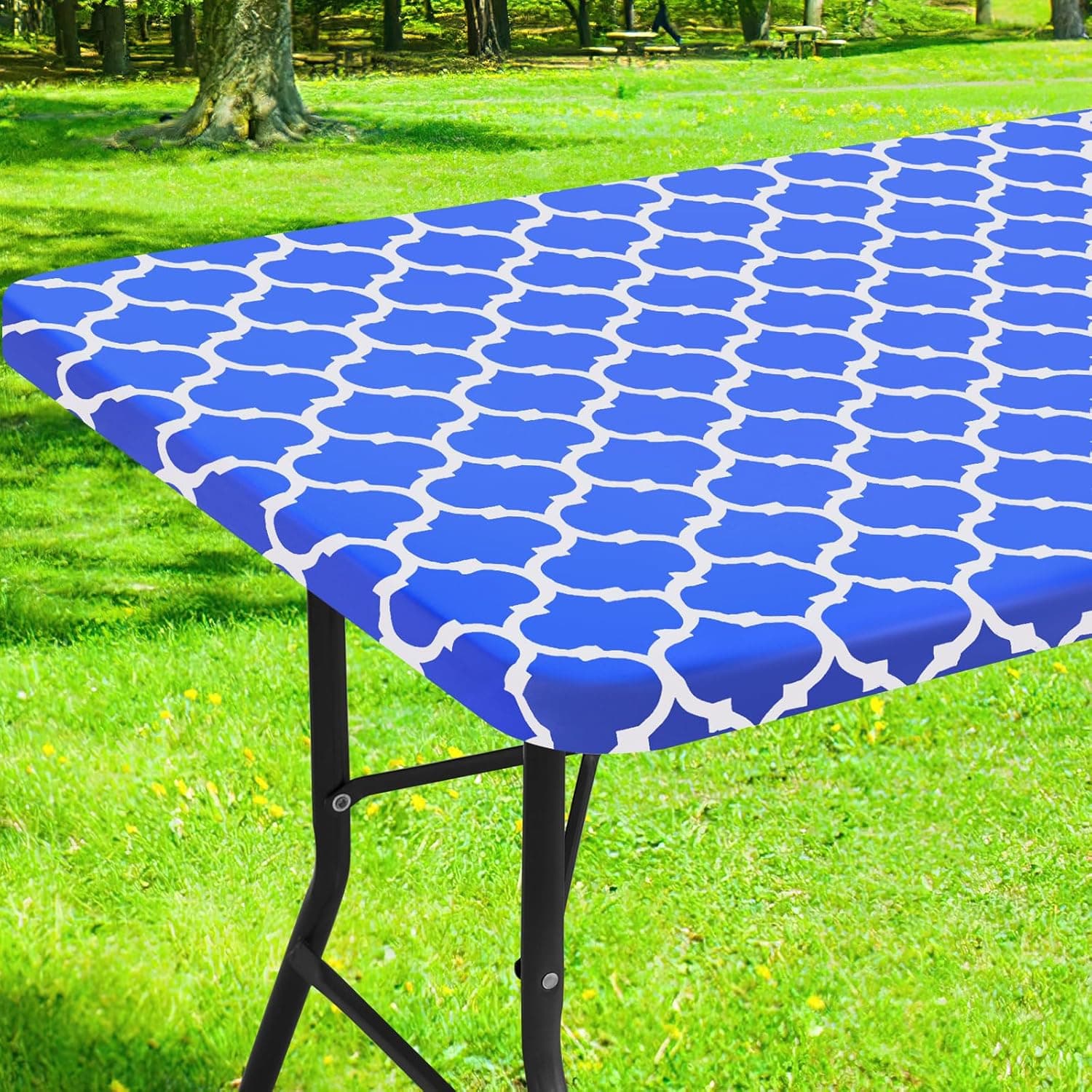 Smiry Rectangle Picnic Table Cover, Waterproof Elastic Fitted Camping Tablecloths for 6 Foot Tables, Wipeable Flannel Backed Vinyl Tablecloth Protector for Indoor, Outdoor (Blue, 30x72 Inches)