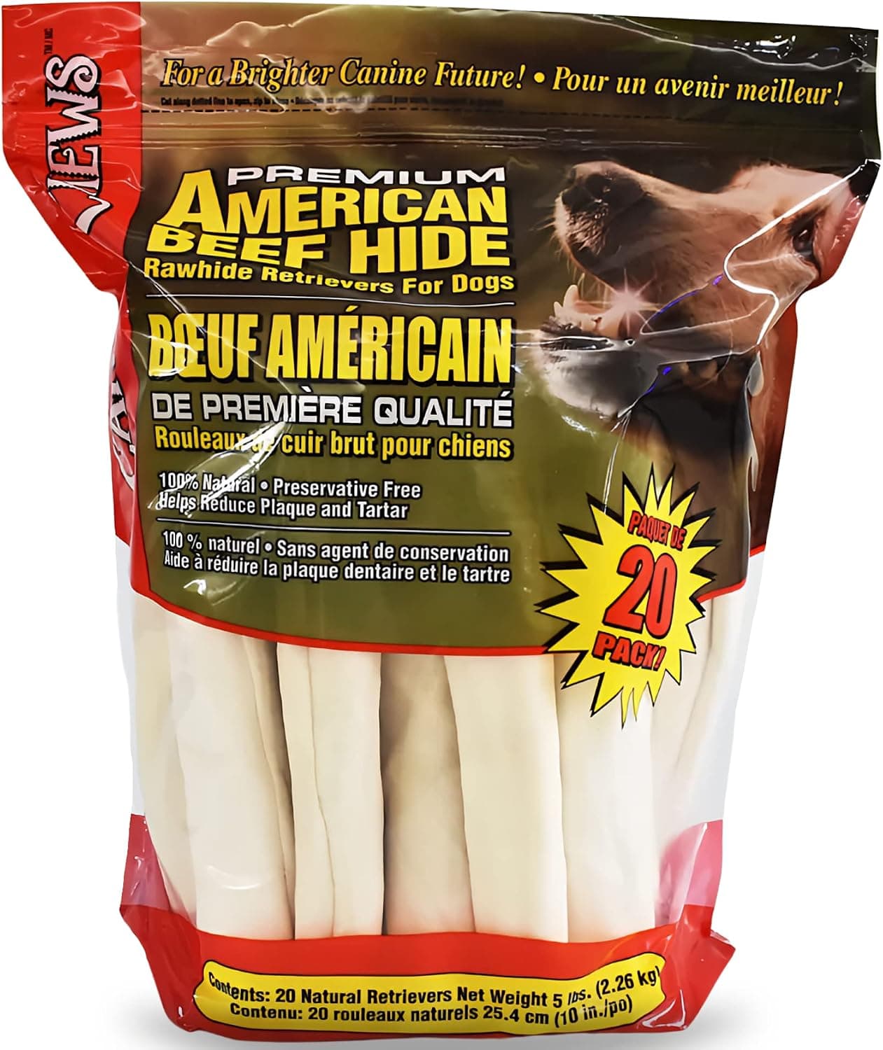 Canine Chews 10-11" Rawhide Bones for Large Dogs, Durable USA Beefhide Dog Rawhide Chews, Retriever Rolls 20 Pack (5 lbs) - image 1 of 1