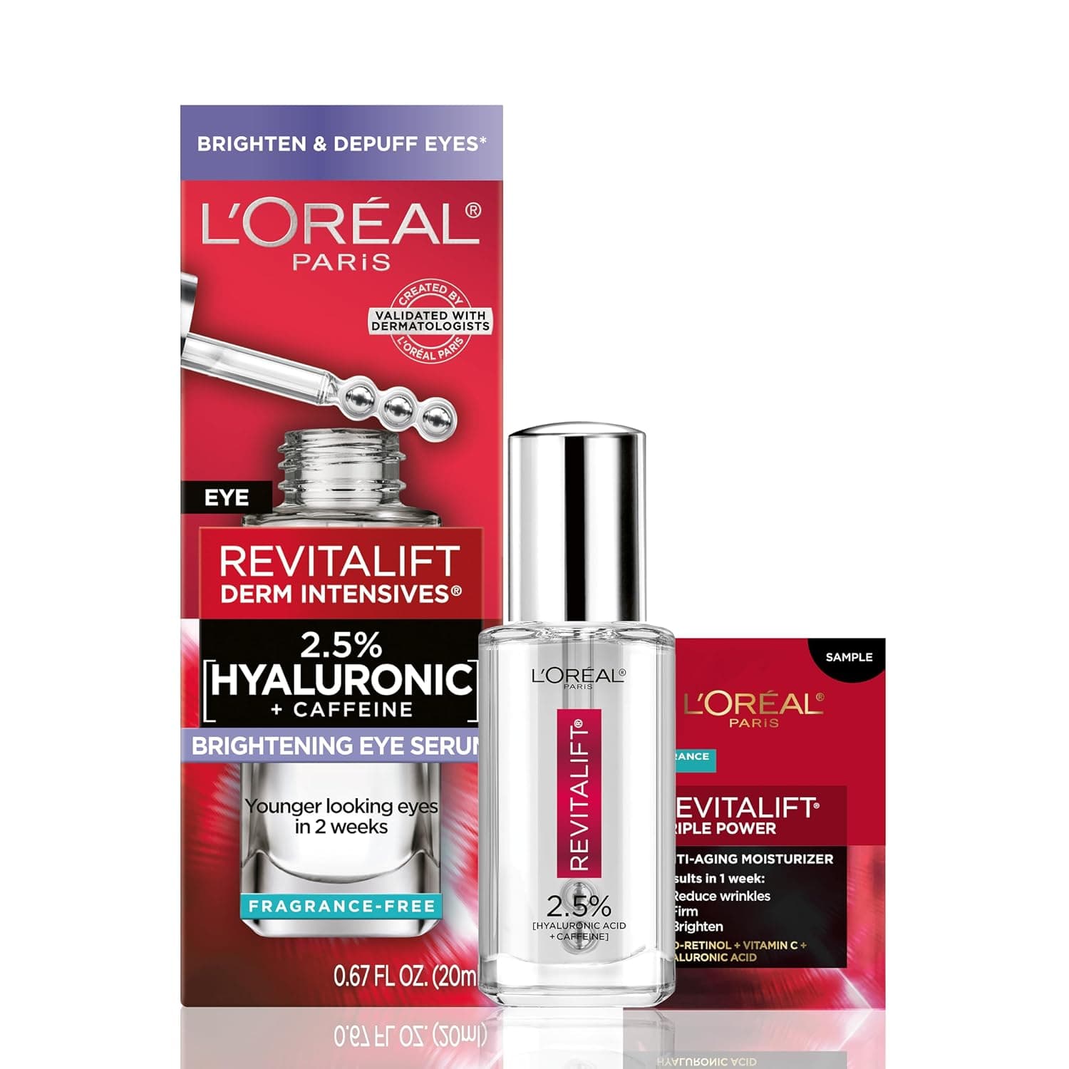 L'Oreal Paris Revitalift Hyaluronic Acid + Caffeine Hydrating Eye Serum for Dark Circles, Fragrance Free .67 fl. oz + Moisturizer Sample - image 1 of 1