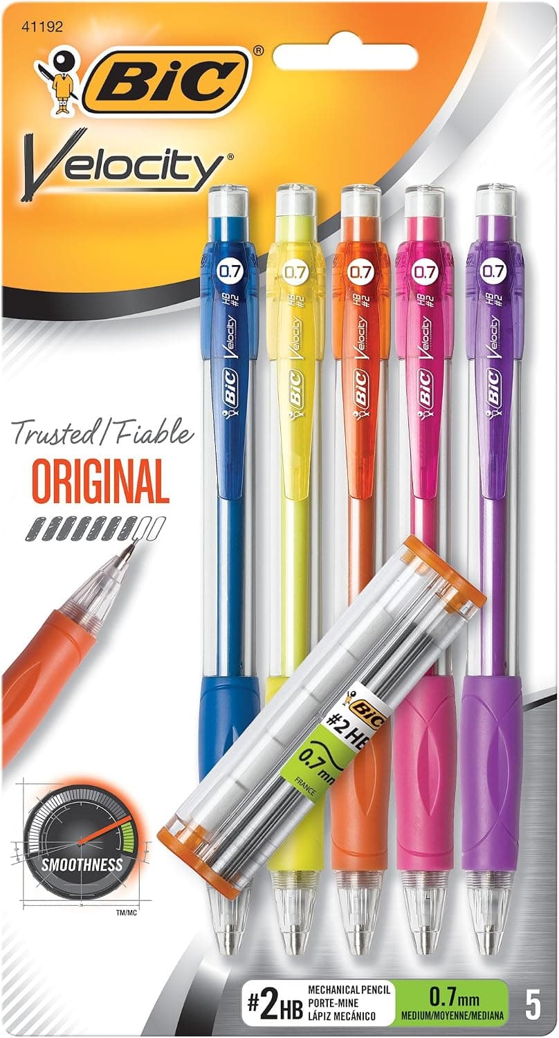 BIC Velocity Mechanical Pencils, With Colorful Barrel, Medium Point (0.7mm), 5-Count Pack Mechanical Pencils With Eraser and Lead Refills - image 1 of 1