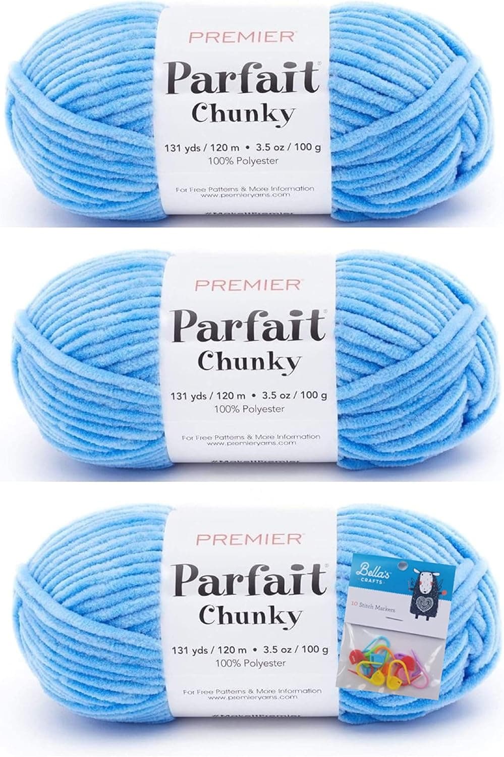 Premier Yarns Parfait Chunky Chenille Yarn 3.5 Oz 6 Super Bulky Weight 3 Pack Bundle with Bella's Crafts Stitch Markers (Blue)