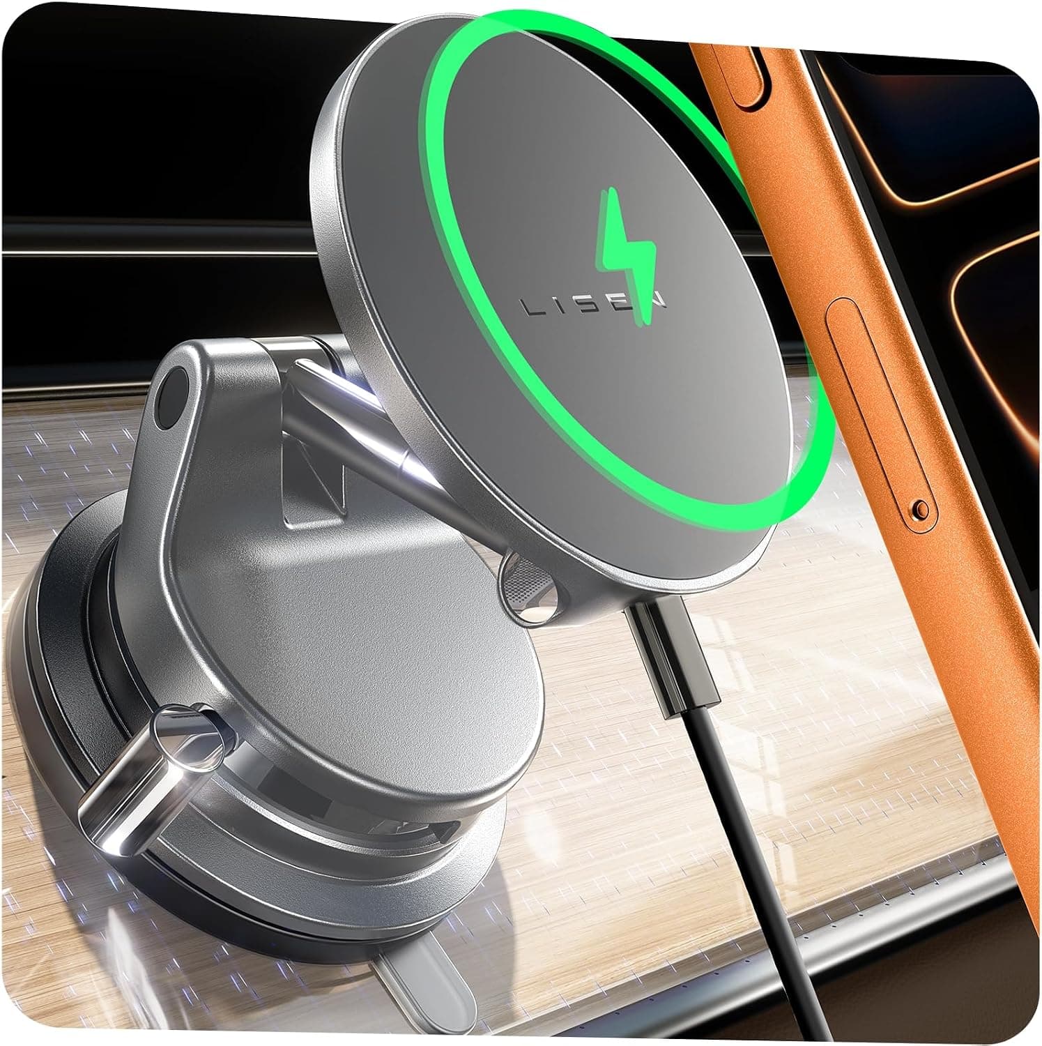 LISEN 15W Magsafe Car Mount Charger，[Lever Lock] Suction Cup Phone Holder, [More Portable＆Flexible] 360° Vacuum Magnetic Car Phone Holder Charger Wireless for iPhone 17 Pro Max Air 16 15 14 13 12,Grey - image 1 of 1
