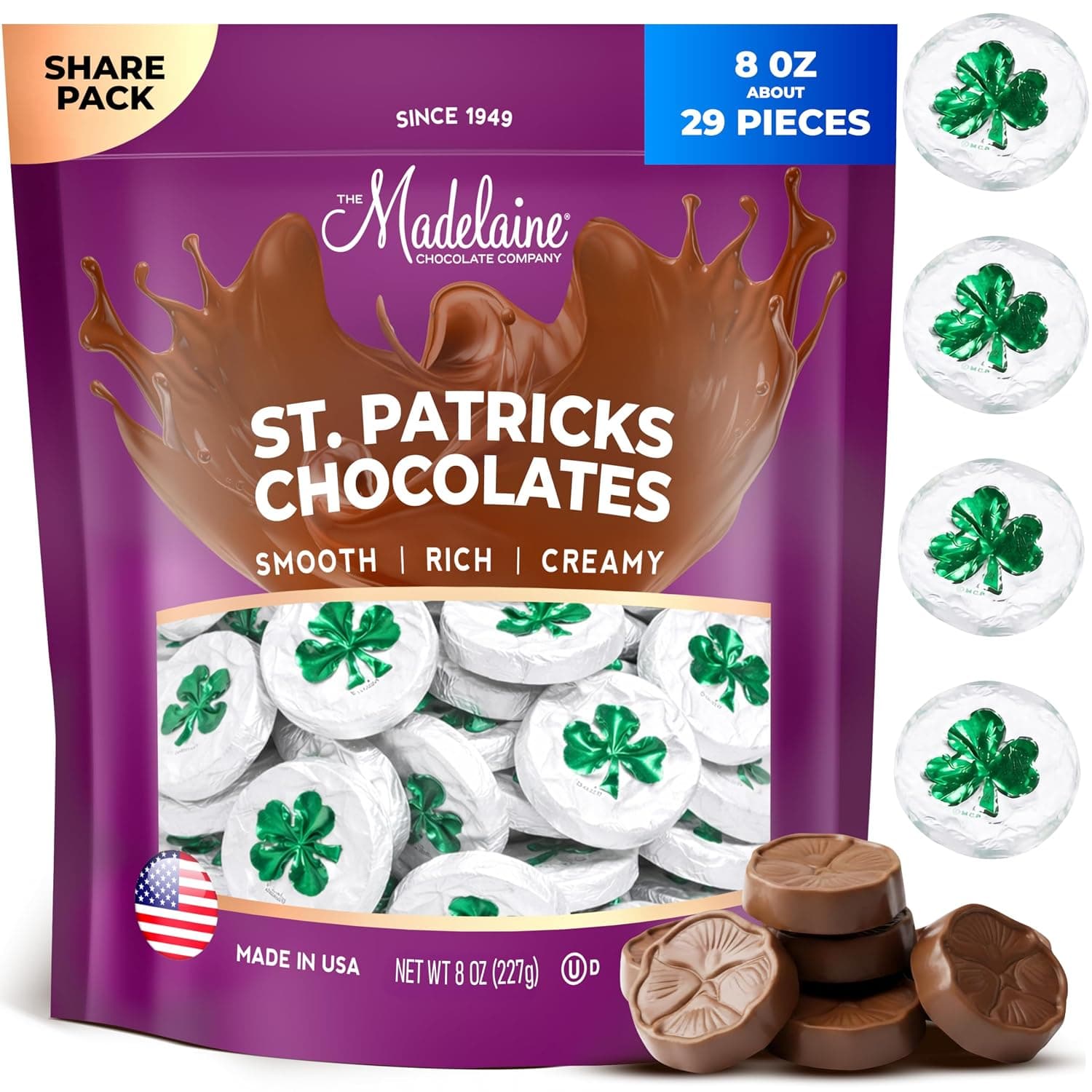 Madelaine St. Patrick's Day Solid Premium Milk Chocolate Shamrocks - ½ LB Bag Individually Wrapped Chocolate Candy in Matte White Foil with Green Shamrock - St. Patrick's Day Candy for Everyone - image 1 of 1