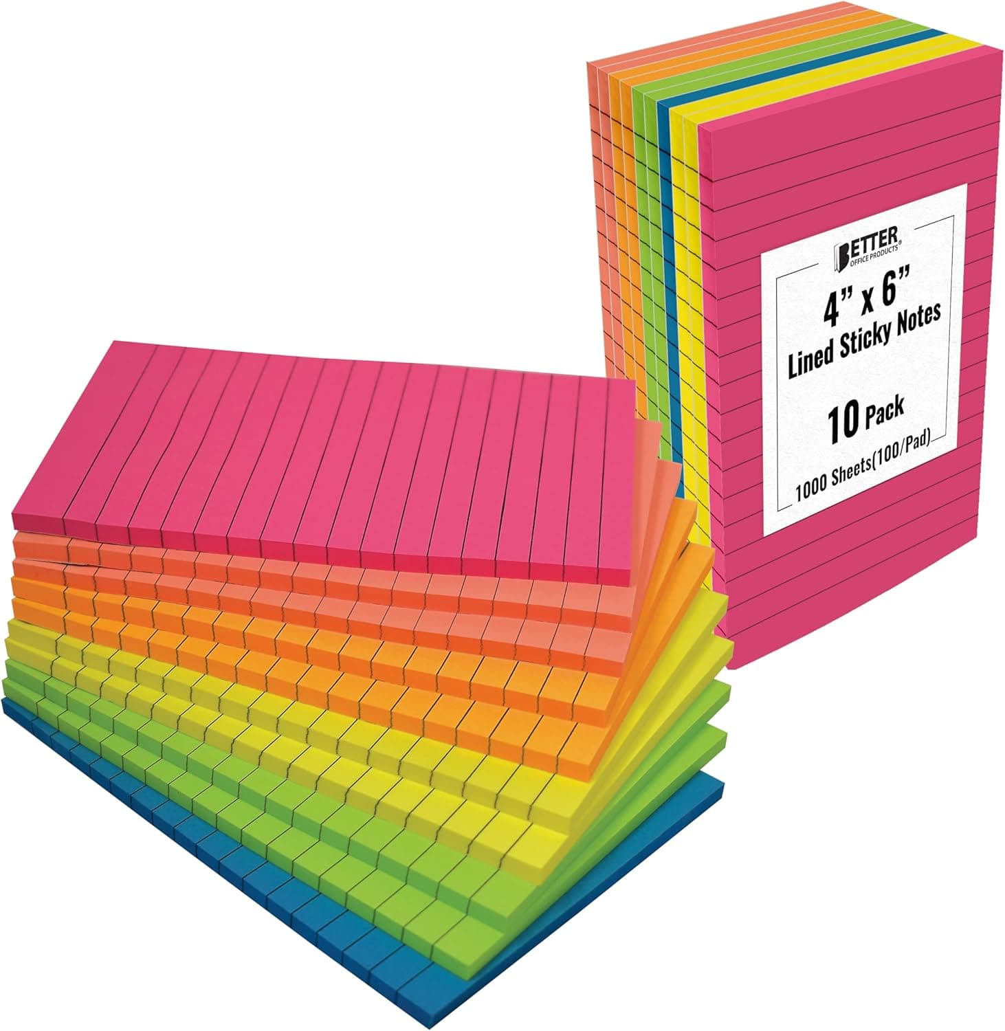 Better Office Products Lined Sticky Notes, 4 x 6, 10 Pack, 500 Sheets (50/Pad), Self Stick Notes with Lines, 6 Bright Assorted Colors, Post Memos, Strong Adhesive, 10 Pads