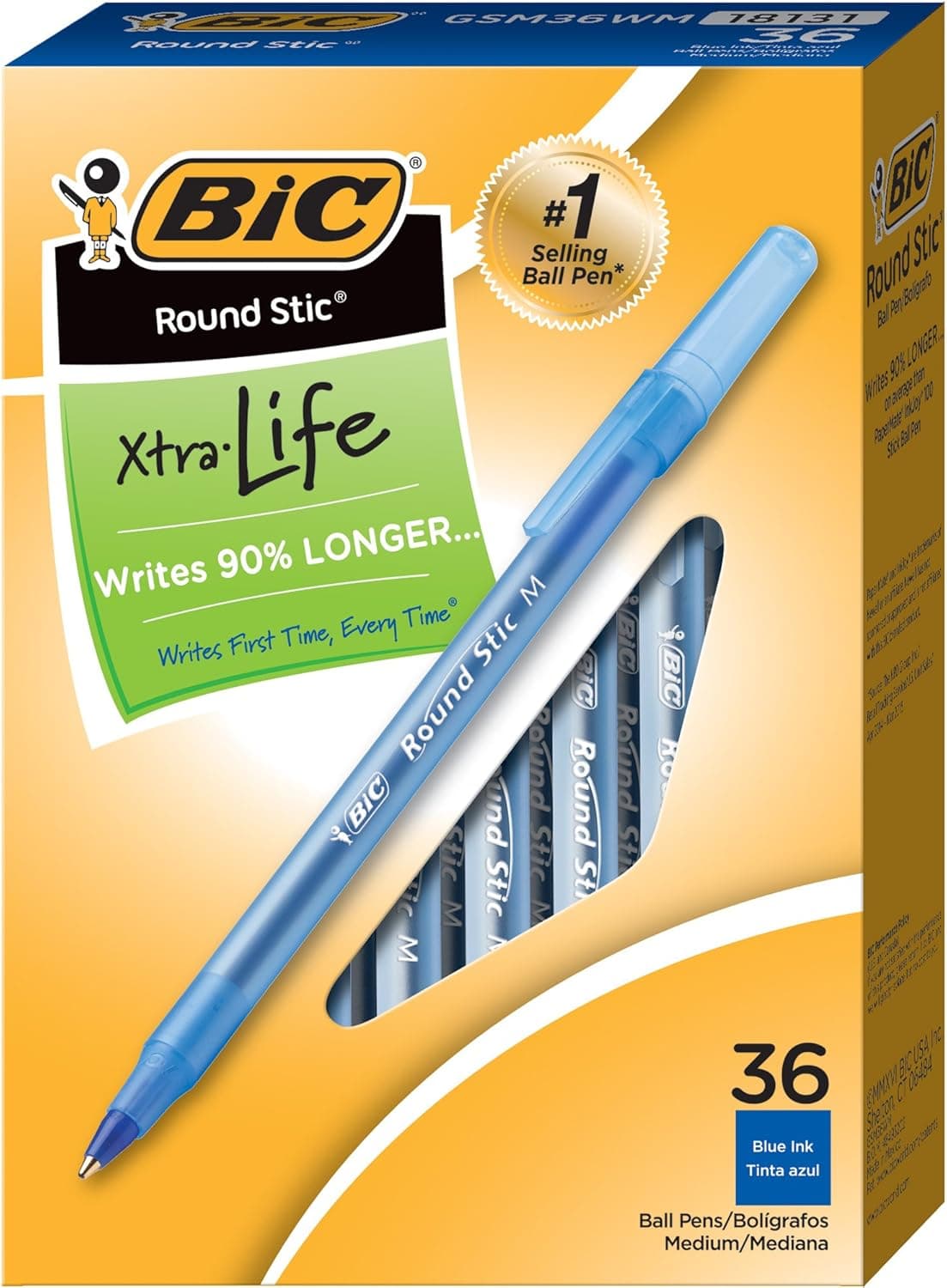 BIC Round Stic Xtra Life Blue Ballpoint Pens, Medium Point (1.0mm), 36-Count Pack of Bulk Pens, Flexible Round Barrel for Writing Comfort, No. 1 Selling Ballpoint Pens - image 1 of 1
