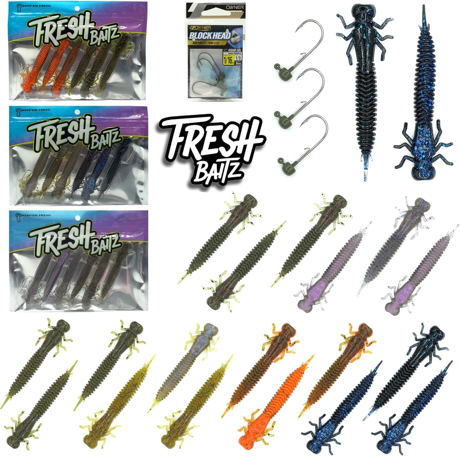 FRESHBAITZ Bass Fishing Hellamite Sampler Kit | Soft Plastic Fishing Lures for Bass Panfish Trout, Ned Rig Fishing Lure, Lifelike Fishing Lures Kit