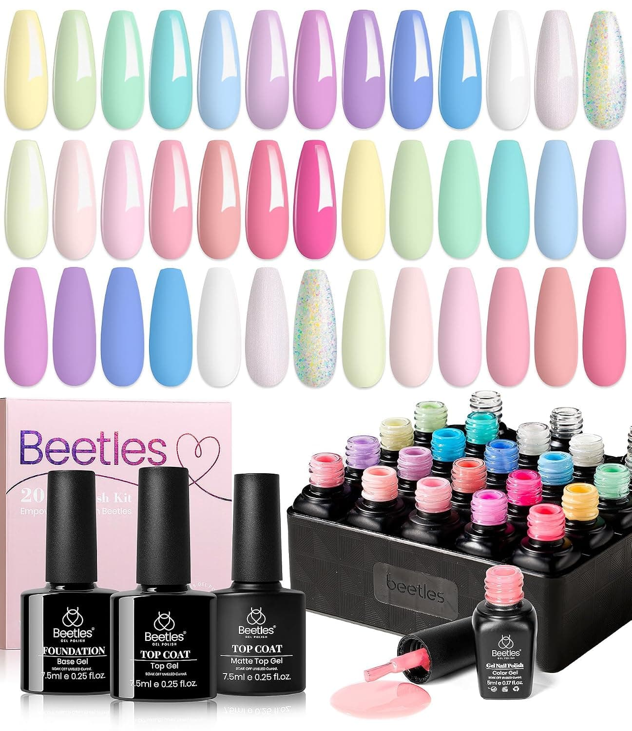 beetles Gel Polish Nail Set 20 Colors Spring Pastel Girly Sparkle Glitter Uv Gel Dreamy Town Collection Macaroon Bright Pastel Nail Manicure Kit with 3Pcs Base Top Coat Gift for Women - image 1 of 1