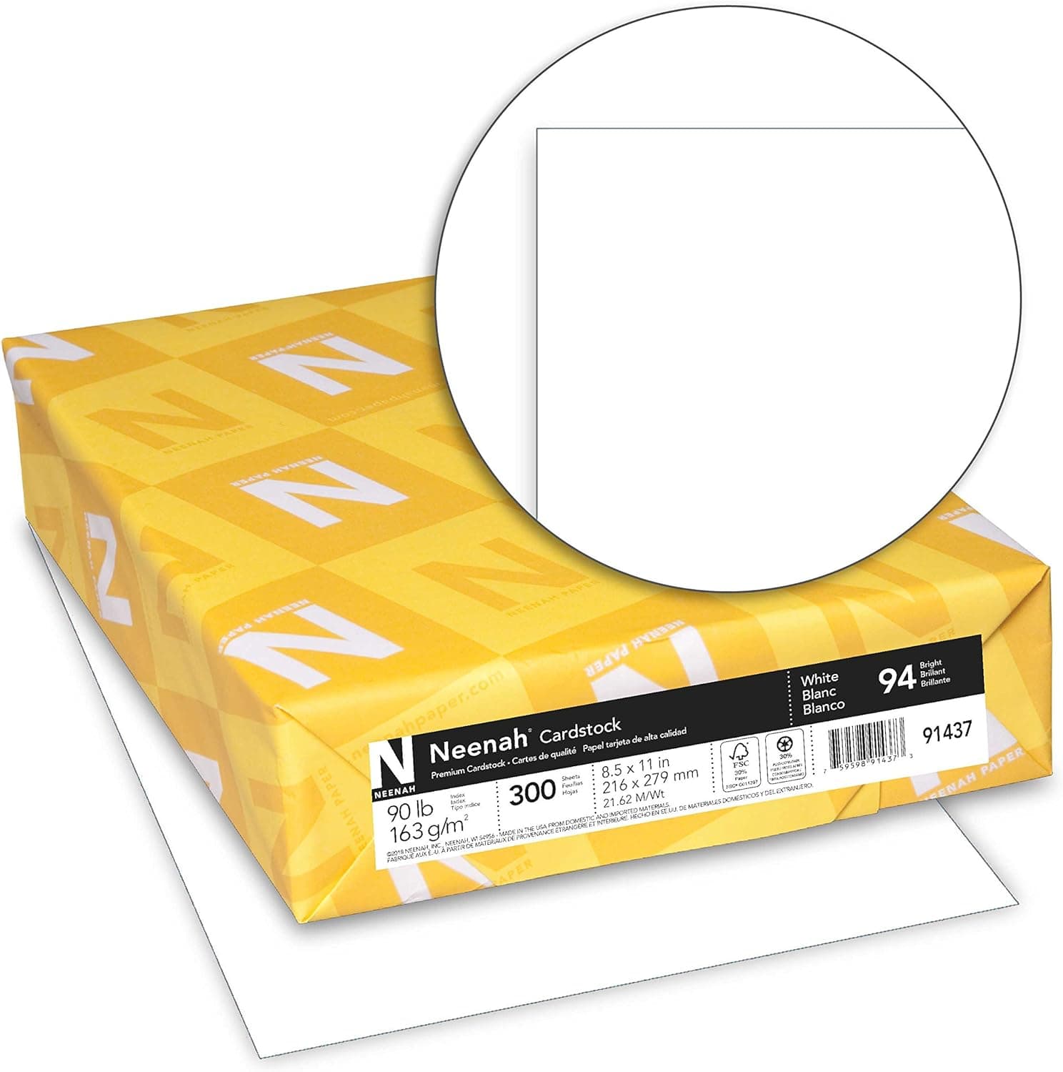 Neenah Index Cardstock, 8.5" x 11", 90 lb/163 gsm, White, Lightweight, 94 Brightness, 300 Sheets (91437) - image 1 of 1