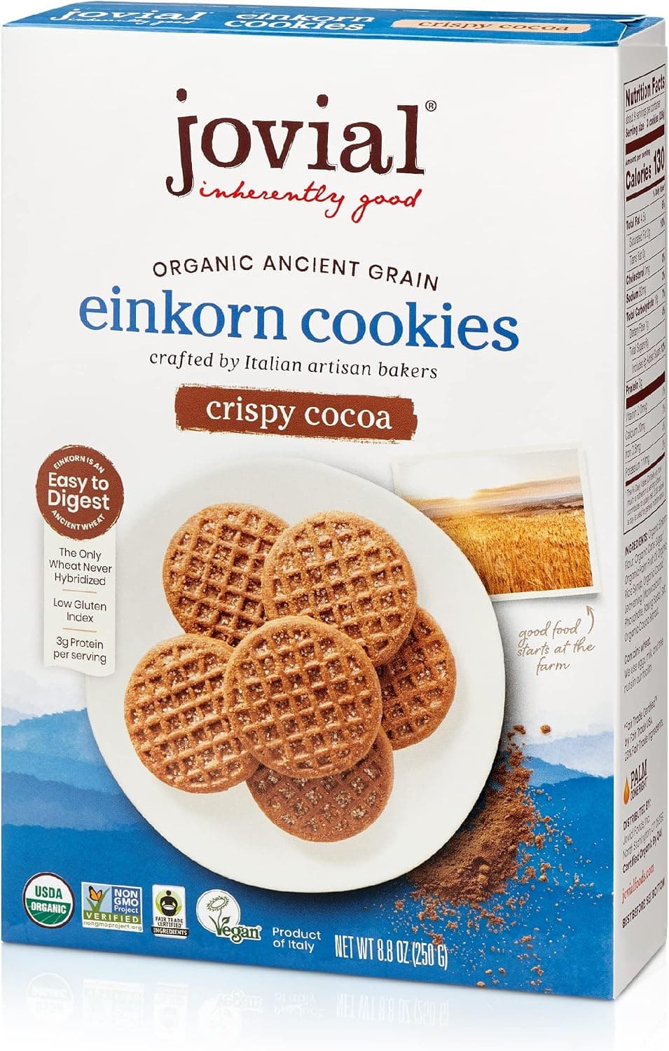 Jovial Organic Einkorn Crispy Cocoa Cookies - Organic Cookies, High Protein, Fair Trade Certified, All Natural Ingredients, Low Carb, Low Sugar, Palm Done Right - 8.8 Oz - image 1 of 1