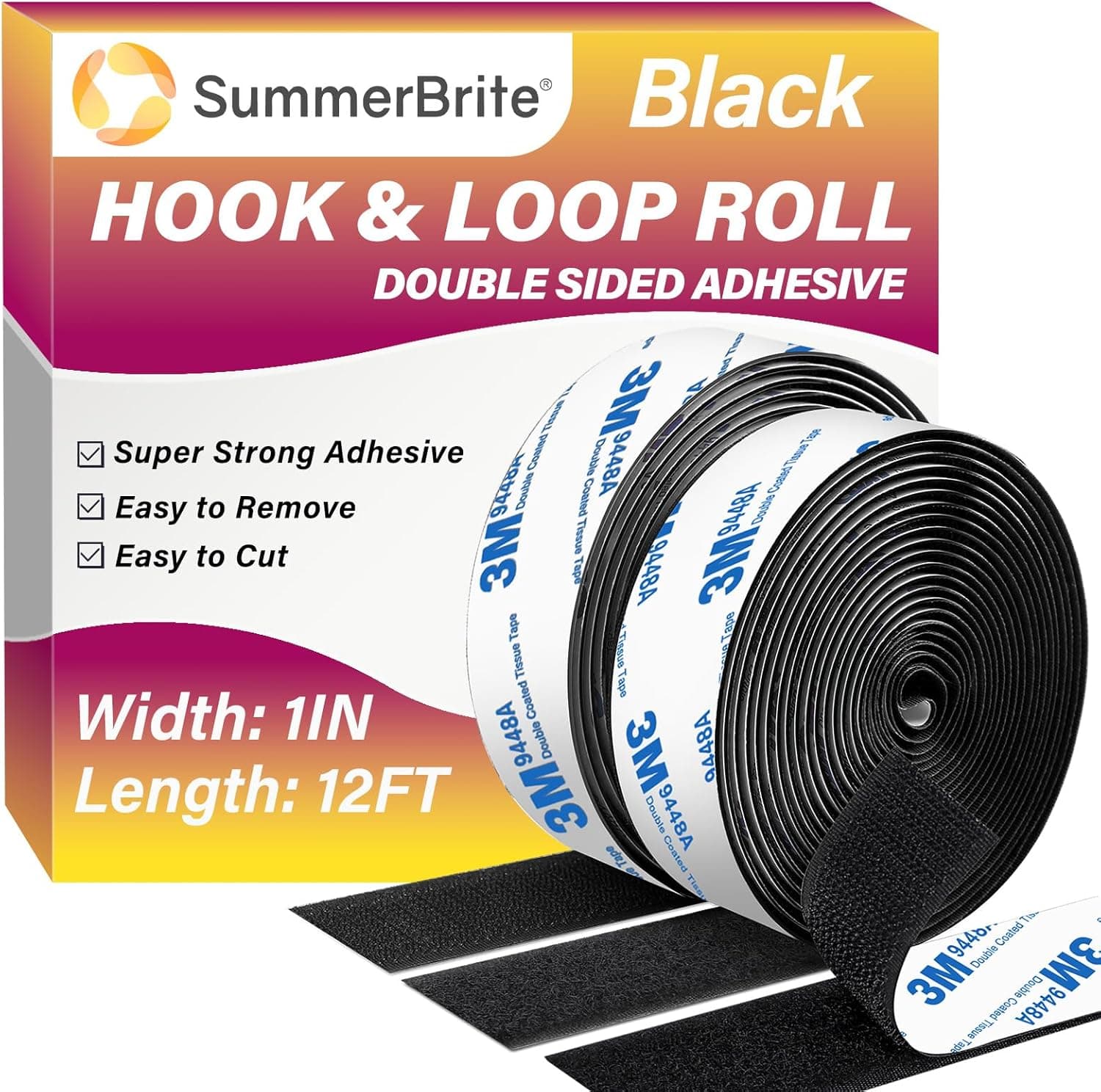 12Ft x 1 Inch Hook and Loop Tape, Heavy Duty Double-Sided Adhesive Strips, Strong Sticky Back Fastener, Cuttable Interlocking Tape Fasteners for Home, Office, Car, School & DIY Crafts (Black)