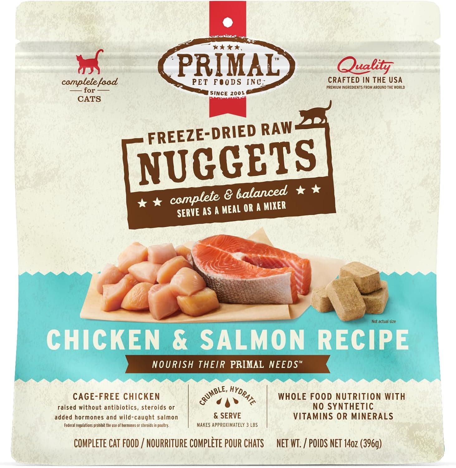 Primal Freeze Dried Raw Cat Food Nuggets Chicken & Salmon, Complete & Balanced Meal or Topper, Premium, Healthy, Grain Free, High Protein Raw Cat Food with Probiotics (14 oz) - image 1 of 1