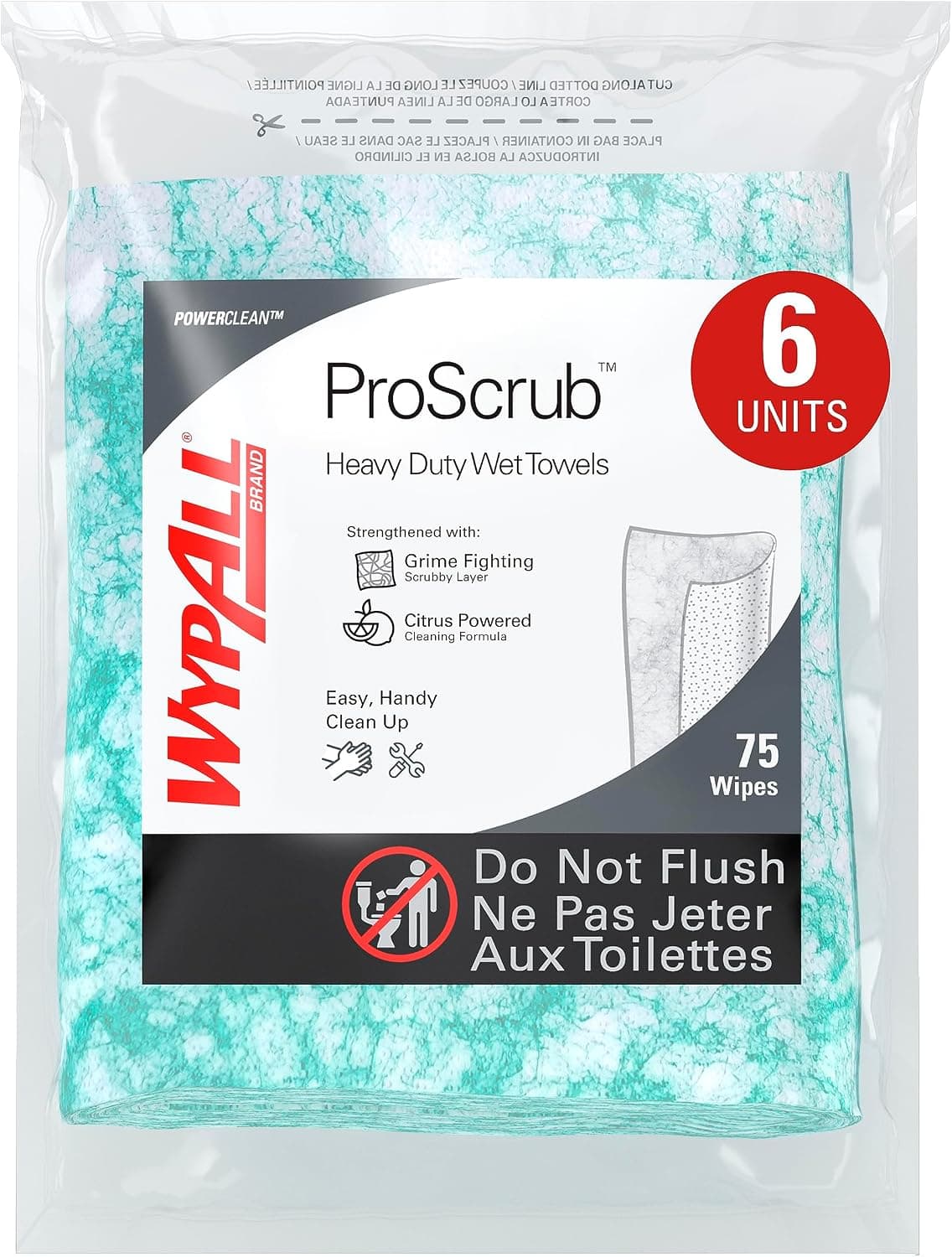 WypAll PowerClean ProScrub Heavy Duty Wet Towels (91367), Dual Action Cleaning, Large 9.5" x 12" Wipes, Refill Only (6 Packs of 75 Sheets, 450 Sheet Total) - image 1 of 1