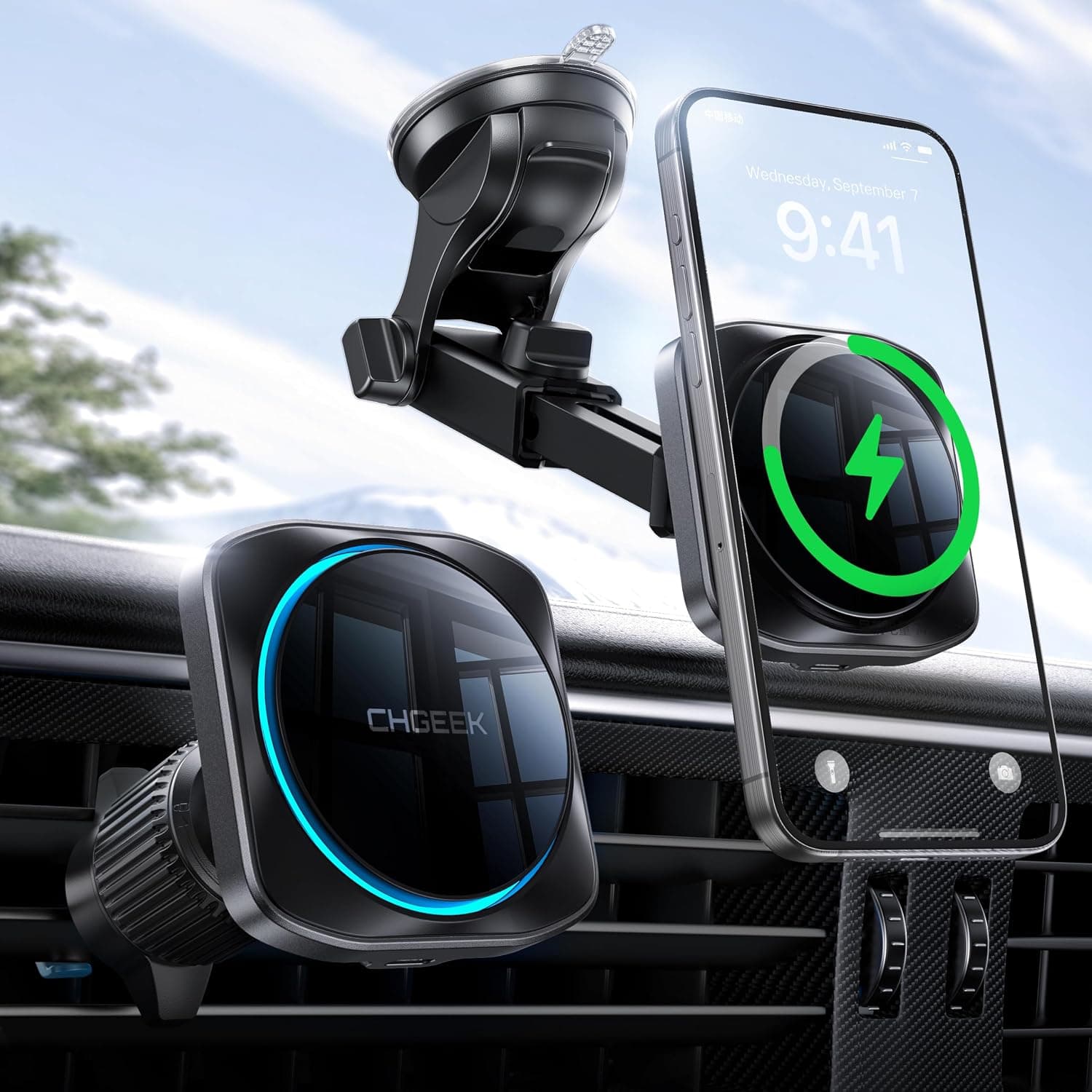 CHGeek for 15W Magsafe Car Mount Charger, Wireless Car Charger Magnetic Car Phone Holder Mount Fit iPhone 16 15 14 13 Magsafe Case, Vent/Windshield/Dash Phone Mount Holder Fast Cooling Charger - image 1 of 1