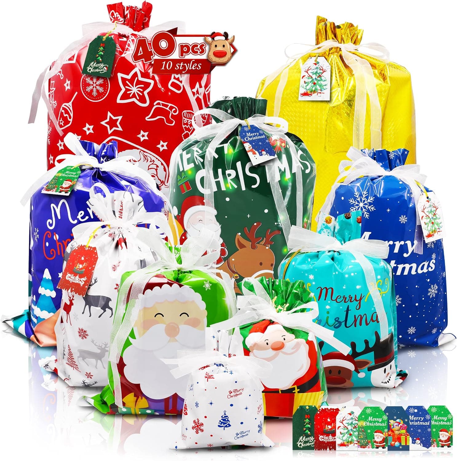40Pcs Christmas Gift Bags（with Lace Drawstring Tags）10 Seconds Wrapping Gift,Holiday Gift Bags Assorted,Reusable Foil Gift Wrapping Sacks Pouches Xmas Presents Party Favor Goody Bags Jumbo/Extra - image 1 of 1
